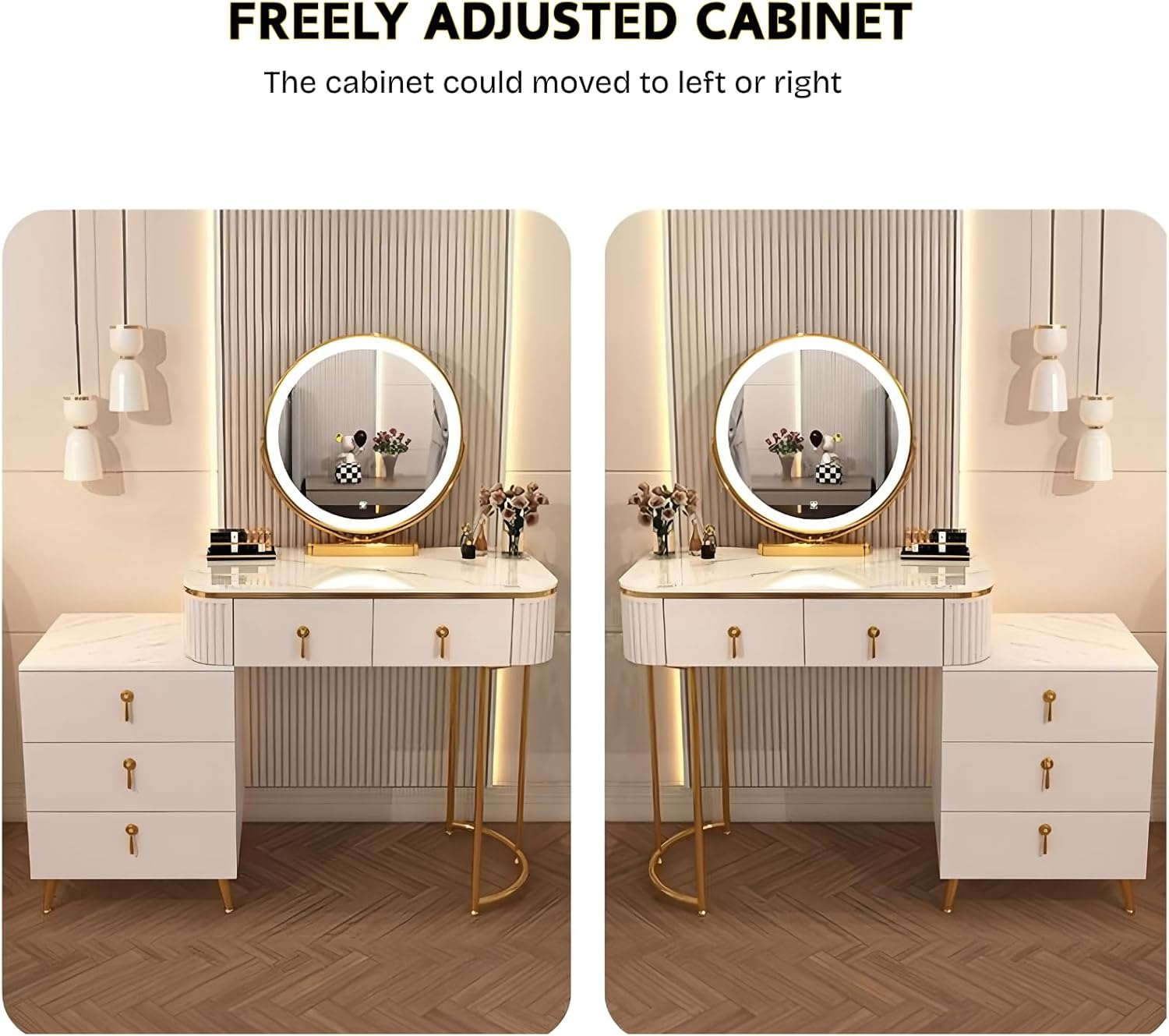 🔥🔥🔥(Buy 1 Get 1 Free)DEVLOIVI Makeup Vanity Desk, Modern Vanity Set with LED Smart Mirror and Makeup Chair, Luxury Dressing Table Include Smooth Slate Countertop and Side Cabinet with Drawers
