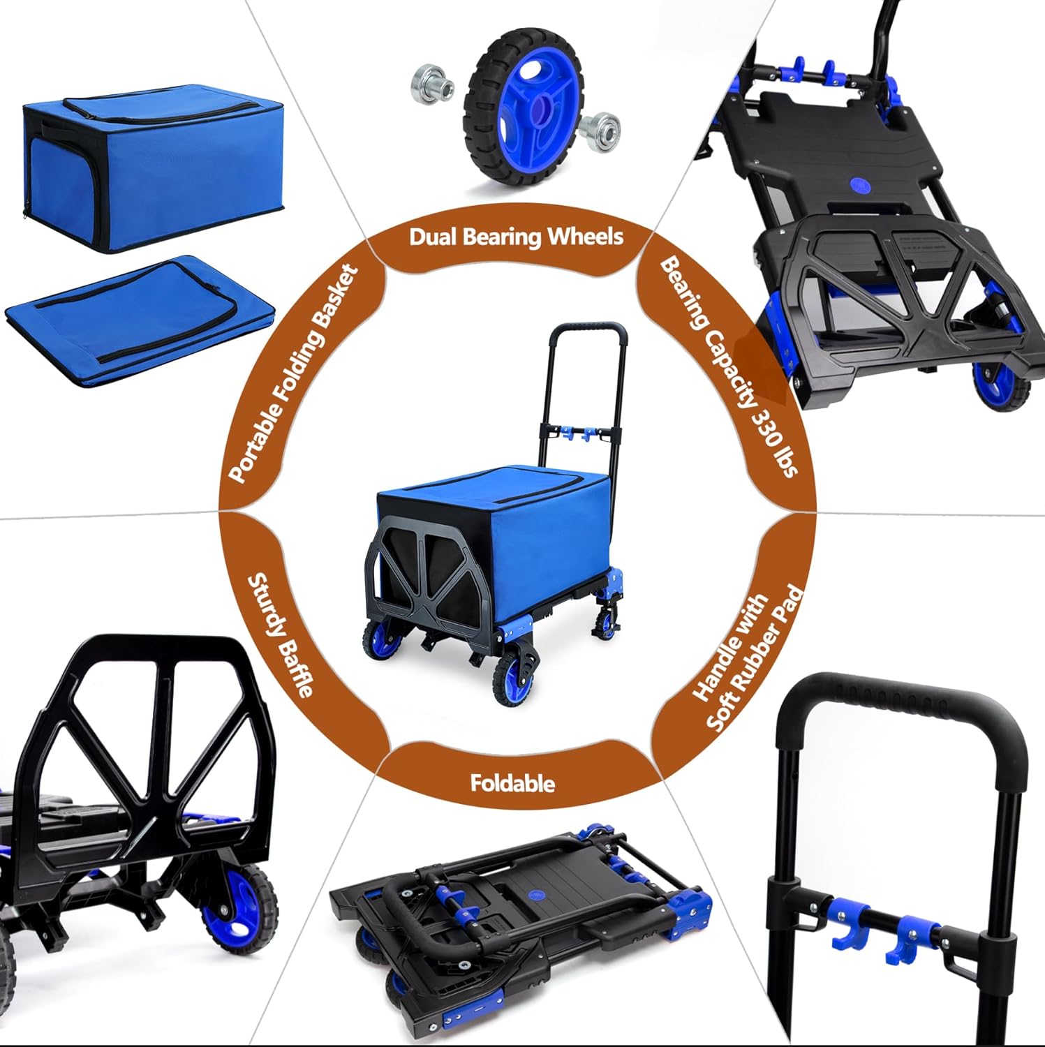 【Buy 1 Get 1 Free】2 in 1 Folding Hand Truck Dolly with Basket,330LBS Capacity Hand Cart Foldable,Hand Truck Foldable with Retractable Handle,Folding Dolly Cart with Wheels for Moving