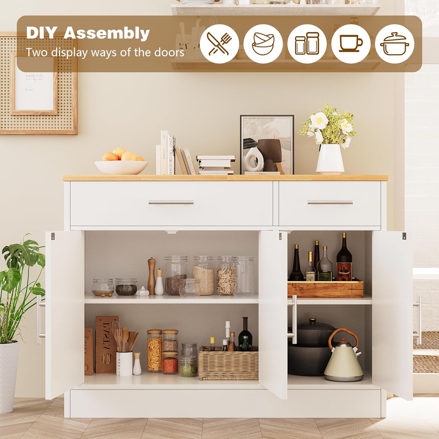 Vongrasig Armario grande de 53 pies con 4 puertas y 3 cajones, mesa de buffet de granja, gabinete de almacenamiento de cocina, mesa de buffet de madera para cocina, comedor