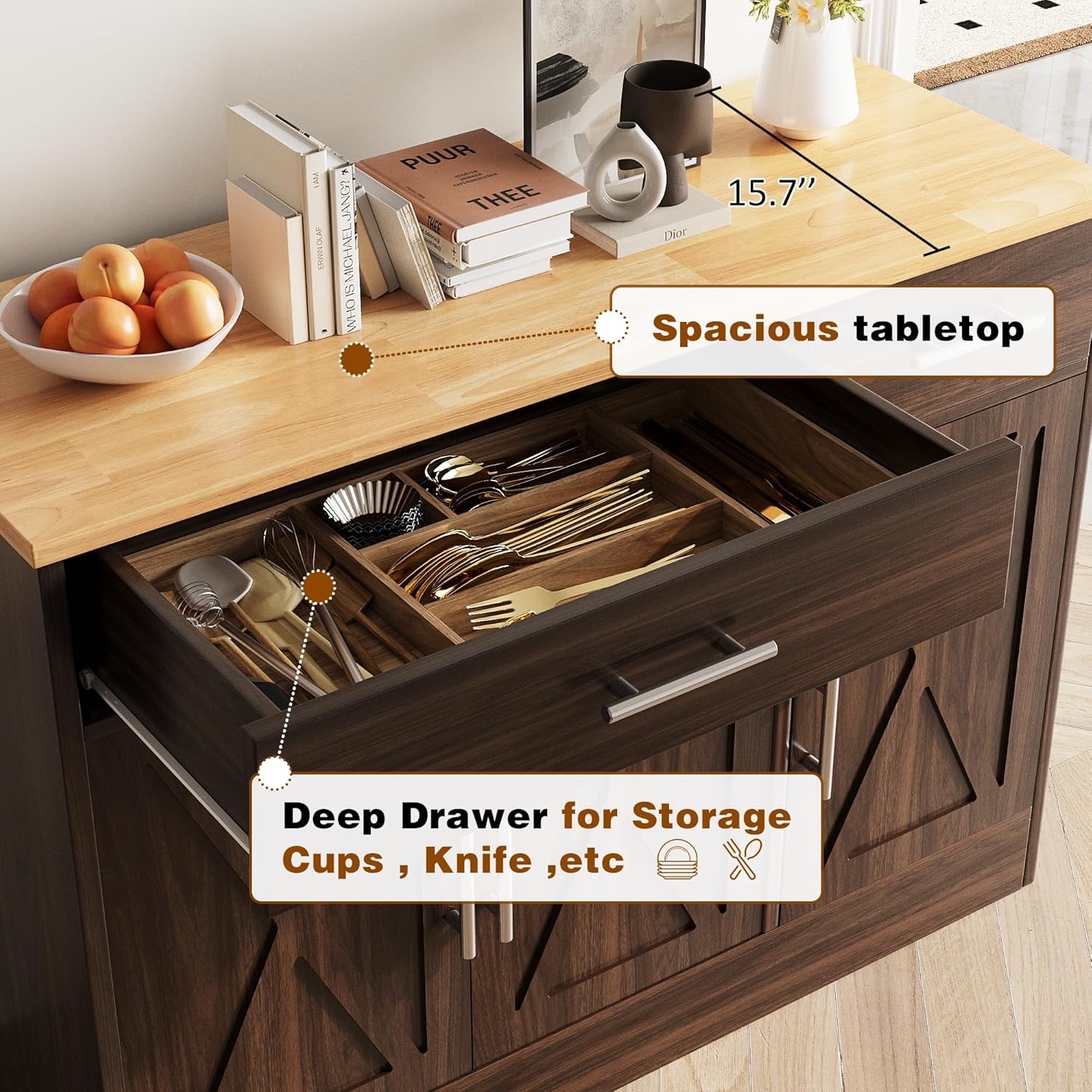 Vongrasig Armario grande de 53 pies con 4 puertas y 3 cajones, mesa de buffet de granja, gabinete de almacenamiento de cocina, mesa de buffet de madera para cocina, comedor