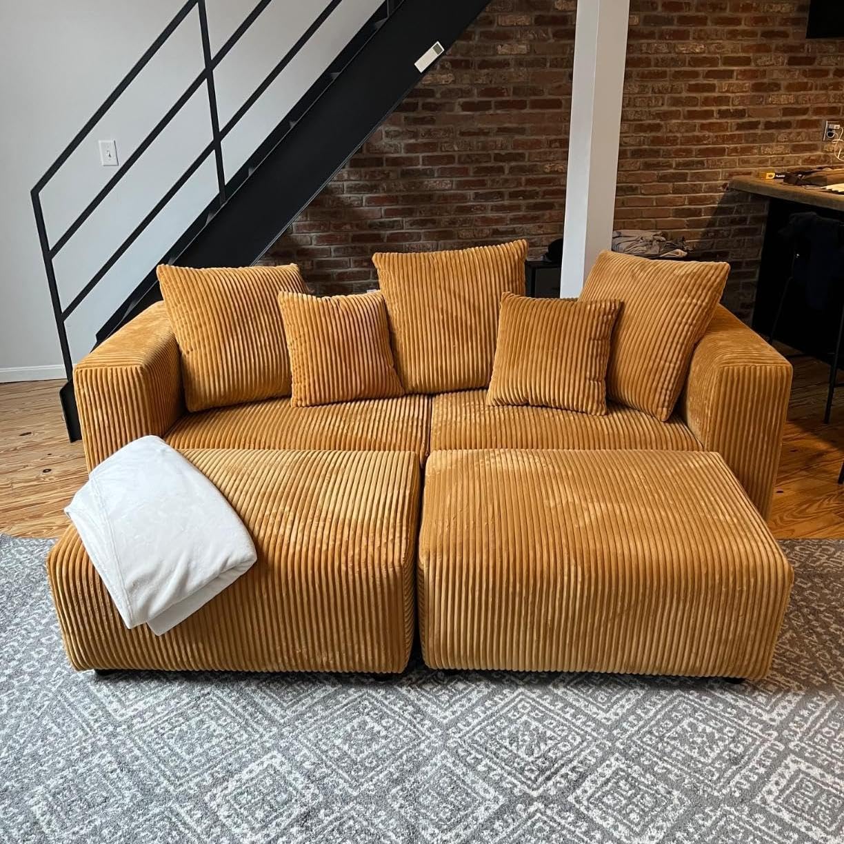 🔥 Acanva Convertible Modular Sectional Sofa with Movable Ottomans, Free Combination Corduroy Couch for Living Room Apartments, L-Shaped, White