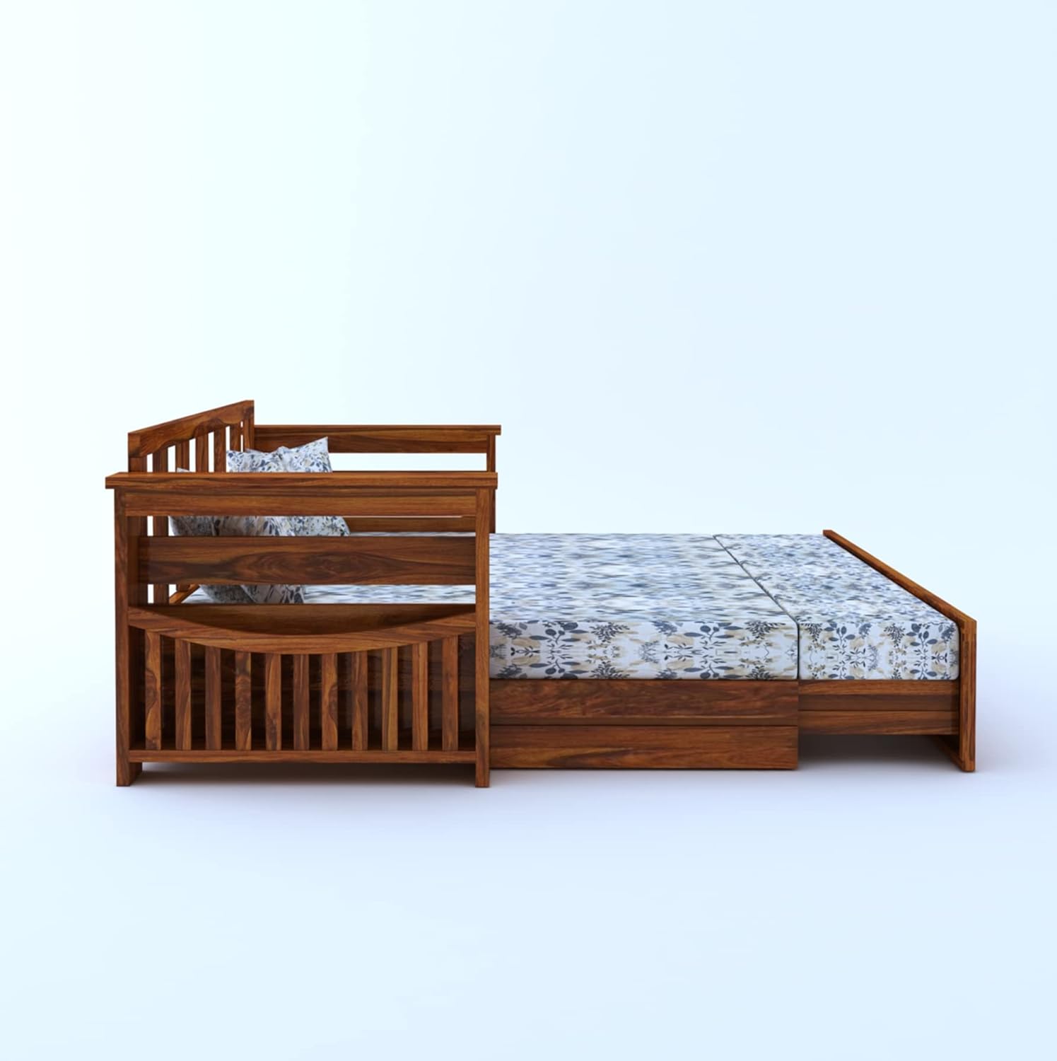 Ganpati Arts Sheesham Wood Diamond 3 Seater Sofa Cum Bed With Floral Fabric&Side Pocket For Bedroom Wooden Bedroom Furniture For Home Living Room(Natural Finish)1 Year Warranty,Brown