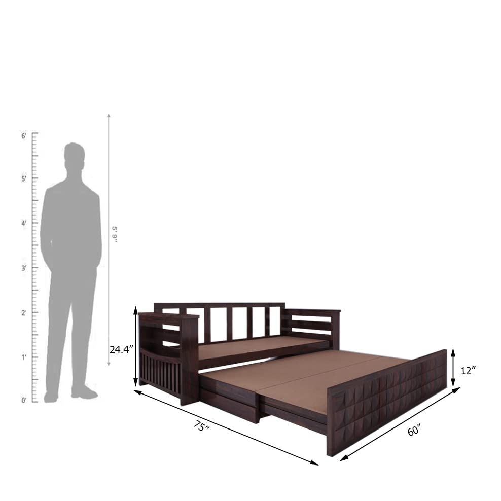 Ganpati Arts Sheesham Wood Diamond 3 Seater Sofa Cum Bed With Floral Fabric&Side Pocket For Bedroom Wooden Bedroom Furniture For Home Living Room(Natural Finish)1 Year Warranty,Brown