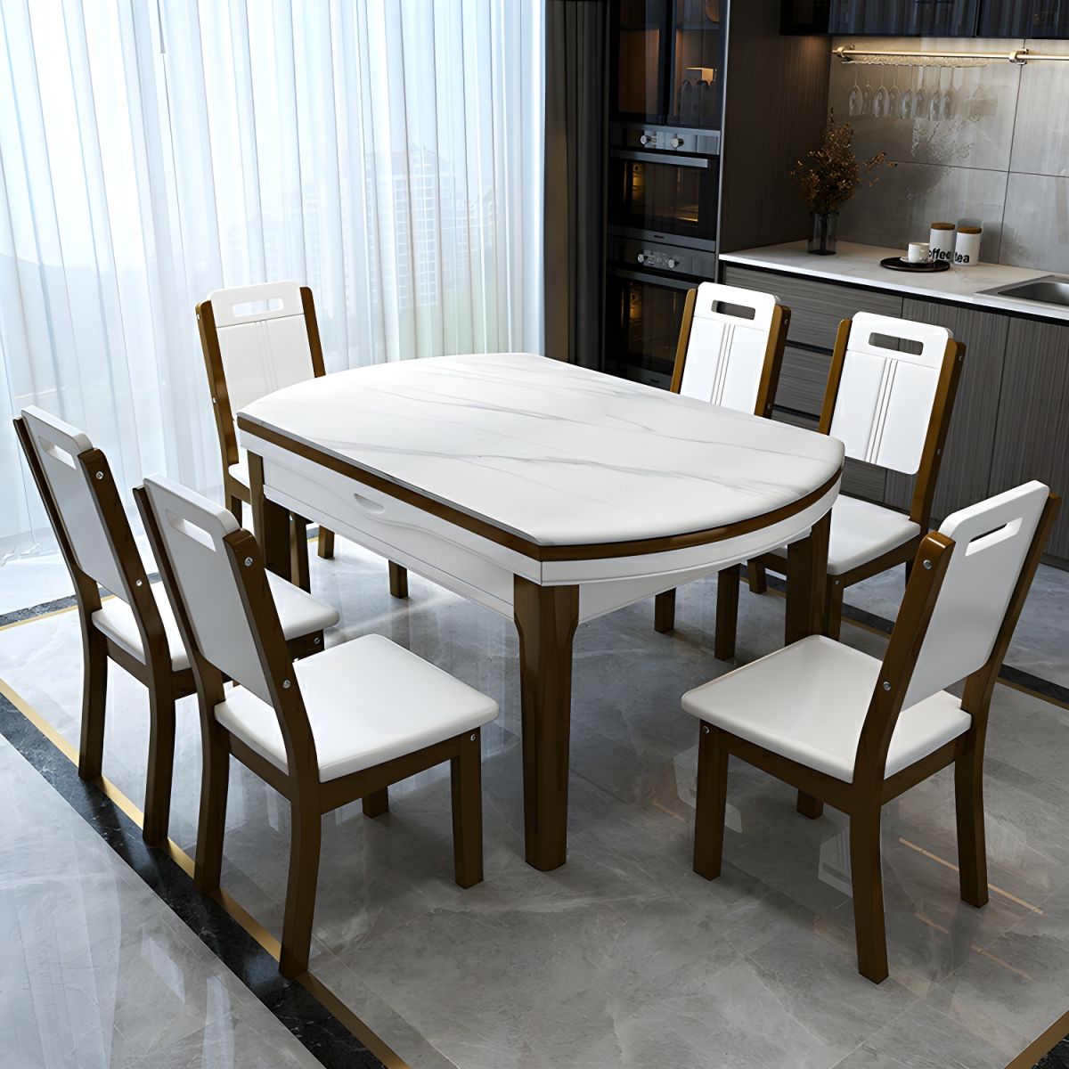 🔥【The last 8 sets】🔥(1 table and 6 chairs)👉Elegant Round White Marble Dining Table with Legs - Extendable and Scratch Resistant - Walnut 53.1_L x 33.5_W x 29.9_H