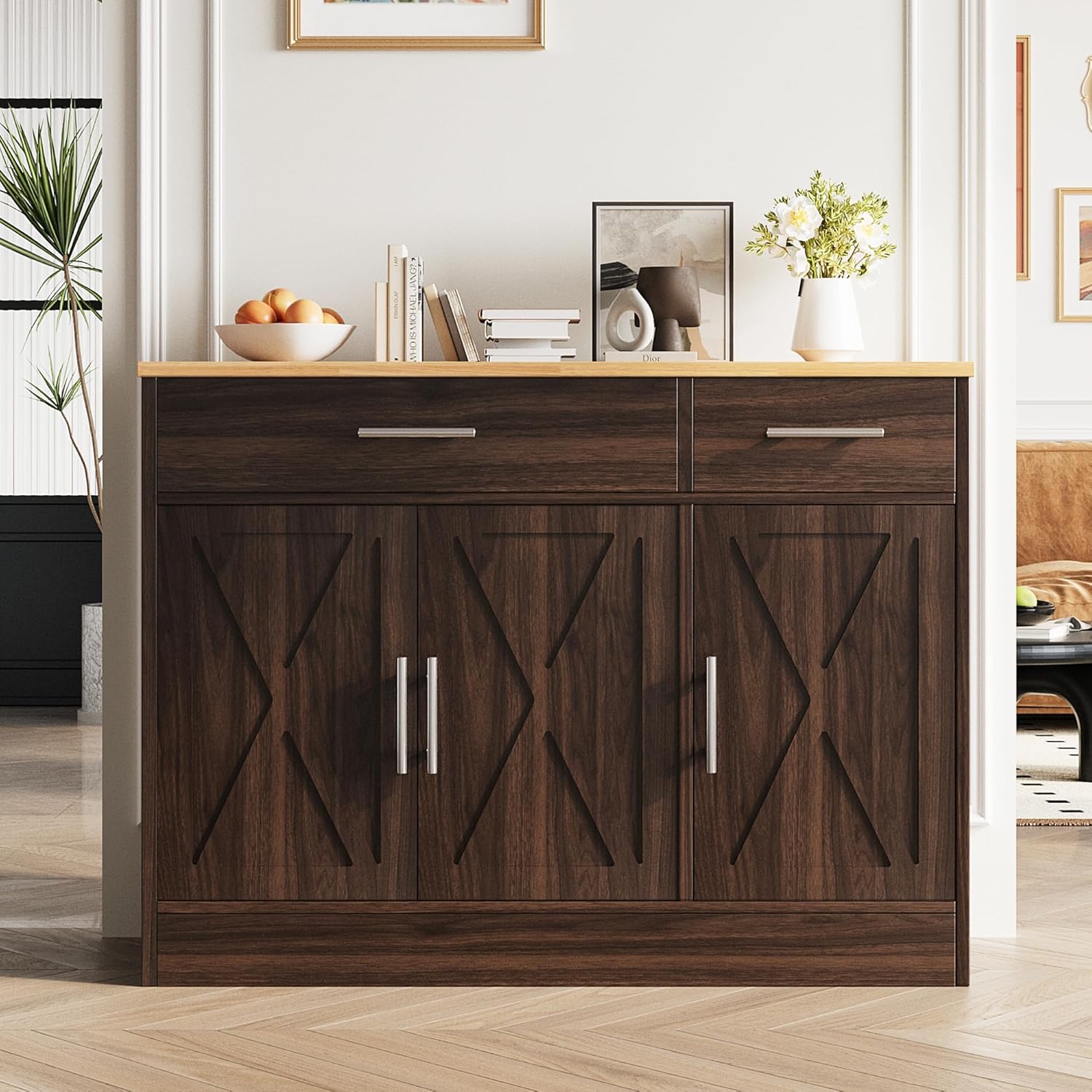 Vongrasig Armario grande de 53 pies con 4 puertas y 3 cajones, mesa de buffet de granja, gabinete de almacenamiento de cocina, mesa de buffet de madera para cocina, comedor