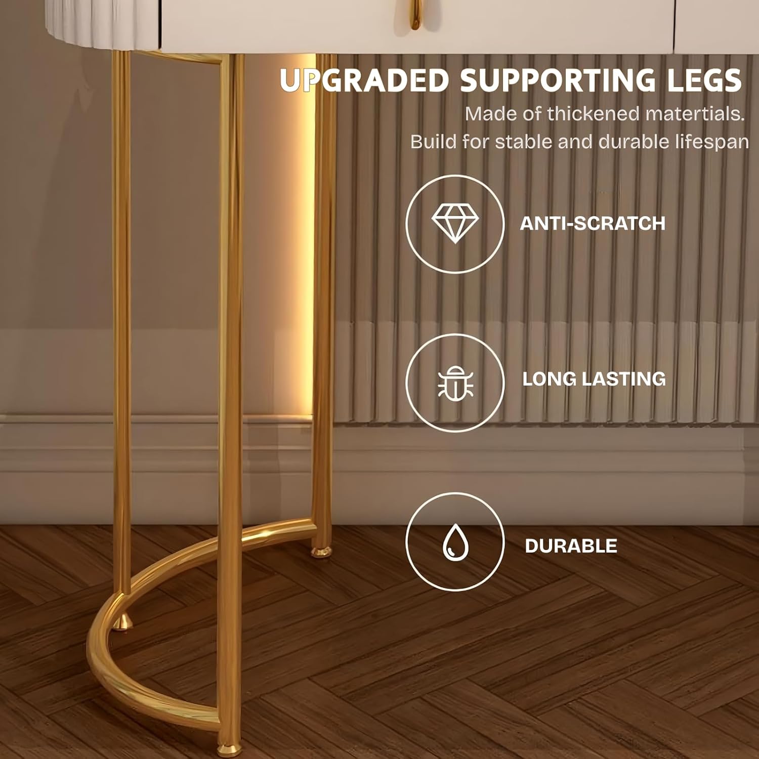 🔥🔥🔥(Buy 1 Get 1 Free)DEVLOIVI Makeup Vanity Desk, Modern Vanity Set with LED Smart Mirror and Makeup Chair, Luxury Dressing Table Include Smooth Slate Countertop and Side Cabinet with Drawers