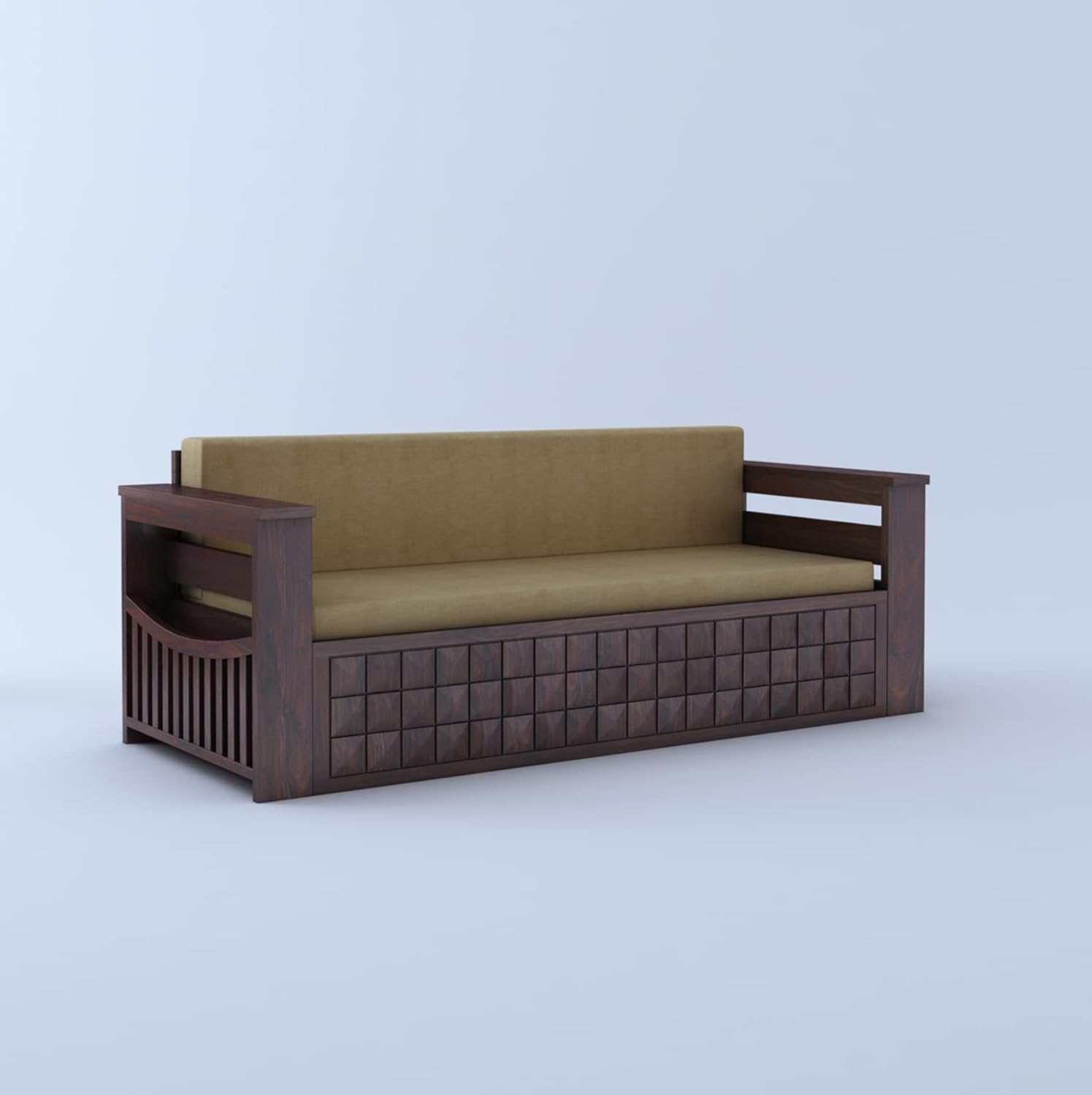 Ganpati Arts Sheesham Wood Diamond 3 Seater Sofa Cum Bed With Floral Fabric&Side Pocket For Bedroom Wooden Bedroom Furniture For Home Living Room(Natural Finish)1 Year Warranty,Brown