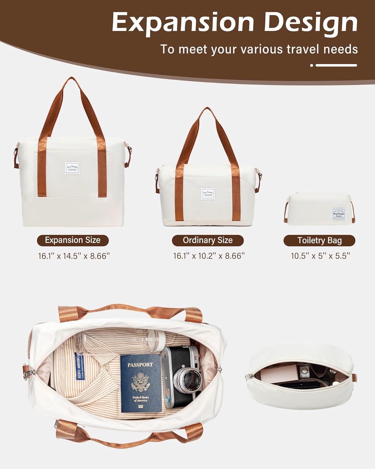 （Buy 1 Get 1 Free）LONG VACATION 6 Piece Luggage Set Carry on Suitcase with ABS+PC hardshell, Spinner Wheels & YKK Zipper TSA Lock (WHITE-BROWN, 6 piece set)