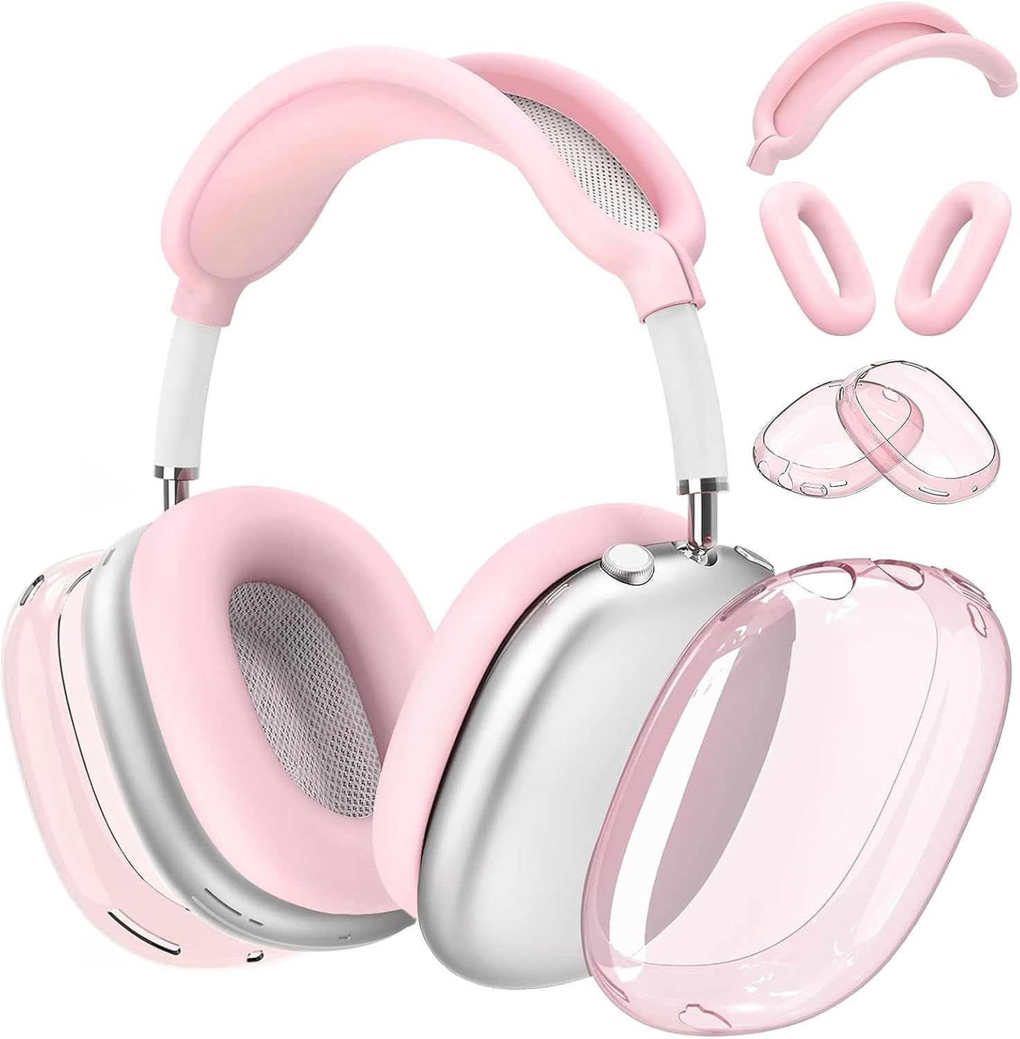 3 in 1 Silicone Case Cover Compatible with Apple Airpods Max Headphones, Clear Soft TPU Ear Cups Cover/Silicone Ear Pad Case Cover/Headband Cover Compatible with Apple Airpods Max (Clear Pink)