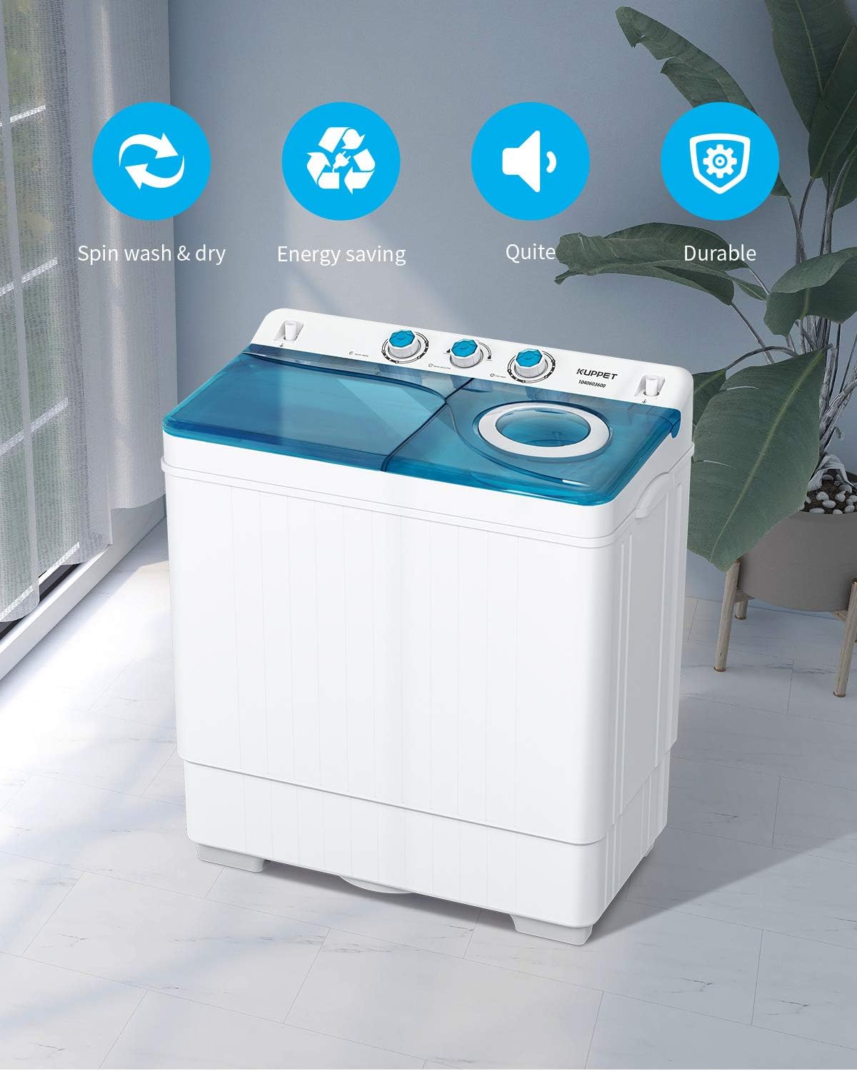 📣【Limited time offer】KUPPET Compact Twin Tub Portable Mini Washing Machine 26lbs Capacity, Washer(18lbs)&Spiner(8lbs)/Built-in Drain Pump/Semi-Automatic (White&Blue)
