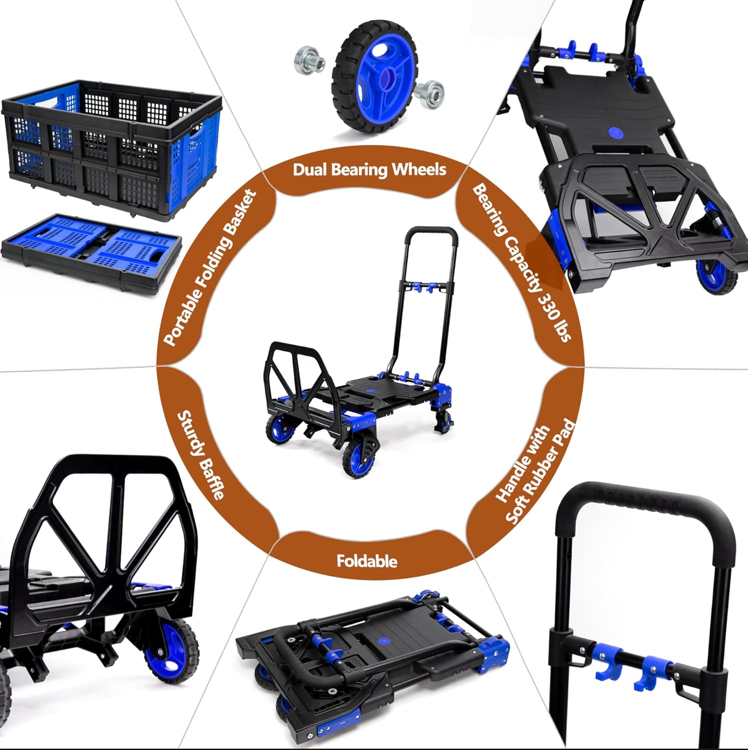 【Buy 1 Get 1 Free】2 in 1 Folding Hand Truck Dolly with Basket,330LBS Capacity Hand Cart Foldable,Hand Truck Foldable with Retractable Handle,Folding Dolly Cart with Wheels for Moving
