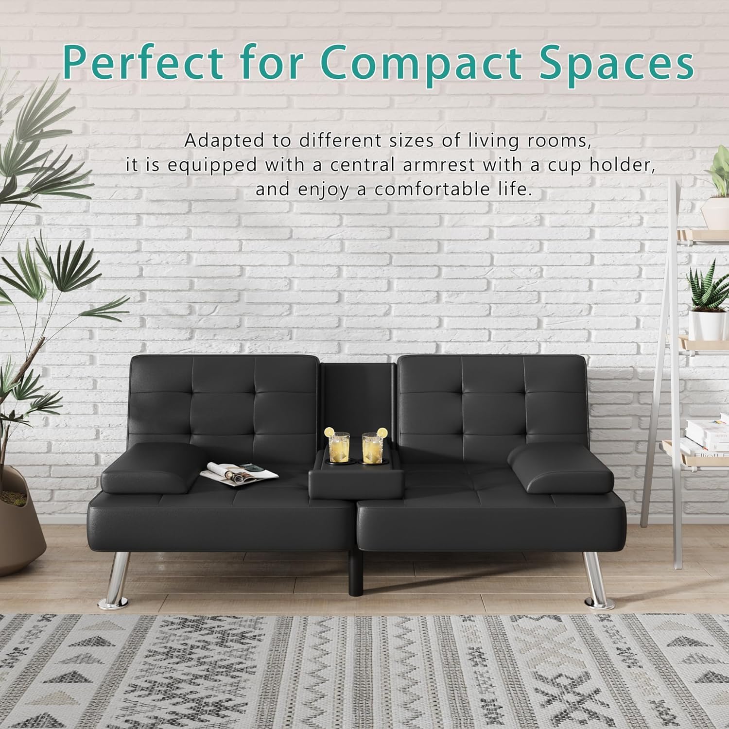 🎉Price Reduction Notice🎉Futon Sofa Bed, Modern Faux Leather Home Reversible Loveseat, Convertible Folding Futon Sofa Bed with 2 Cupholders, Folding Couches Bed, Removable Armrests for Small Spaces