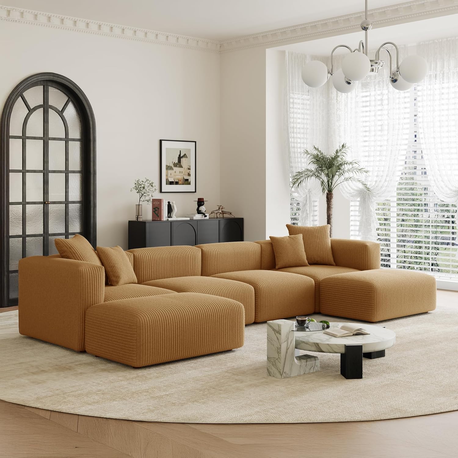 🔥 Acanva Convertible Modular Sectional Sofa with Movable Ottomans, Free Combination Corduroy Couch for Living Room Apartments, L-Shaped, White