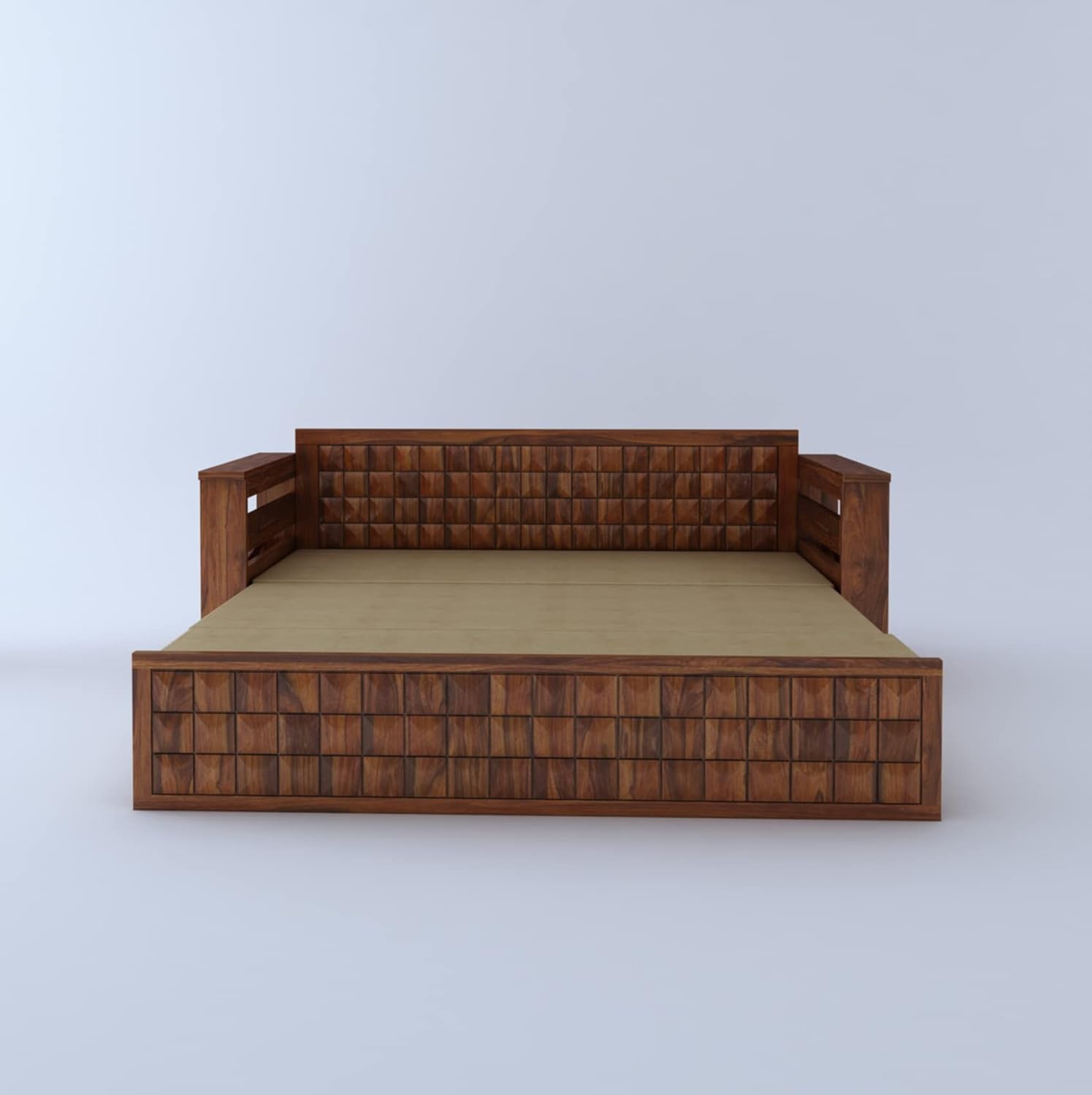 Ganpati Arts Sheesham Wood Diamond 3 Seater Sofa Cum Bed With Floral Fabric&Side Pocket For Bedroom Wooden Bedroom Furniture For Home Living Room(Natural Finish)1 Year Warranty,Brown