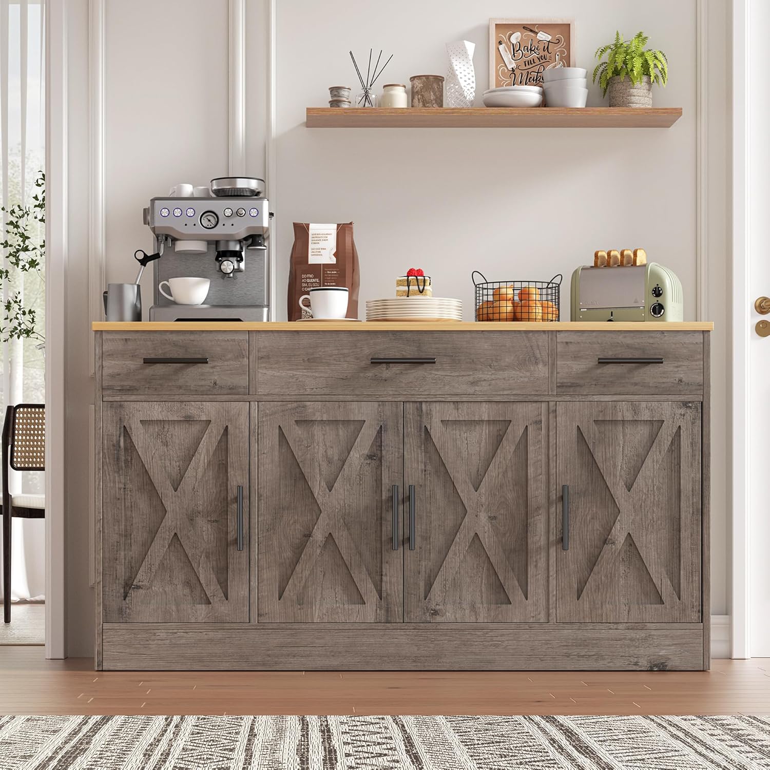 Vongrasig Armario grande de 53 pies con 4 puertas y 3 cajones, mesa de buffet de granja, gabinete de almacenamiento de cocina, mesa de buffet de madera para cocina, comedor