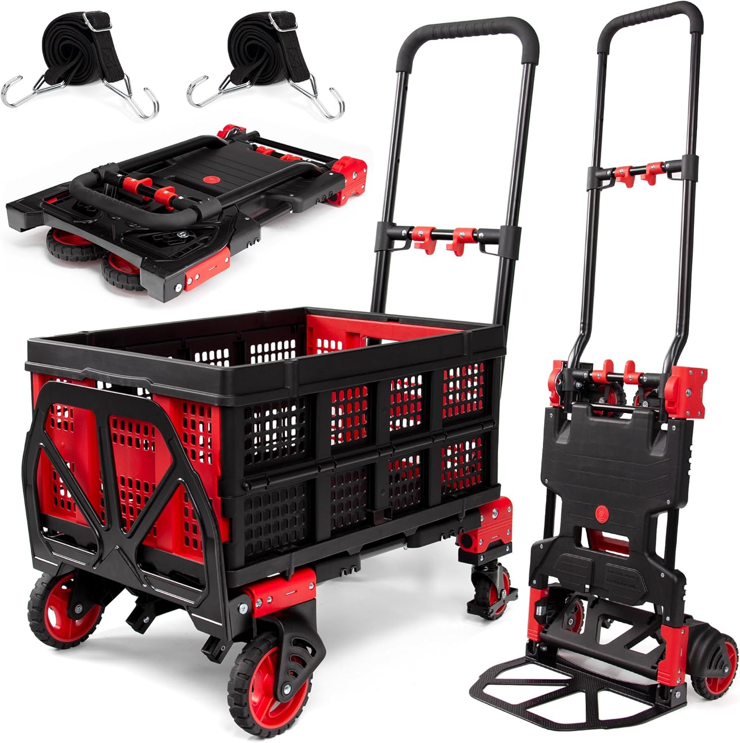 【Buy 1 Get 1 Free】2 in 1 Folding Hand Truck Dolly with Basket,330LBS Capacity Hand Cart Foldable,Hand Truck Foldable with Retractable Handle,Folding Dolly Cart with Wheels for Moving
