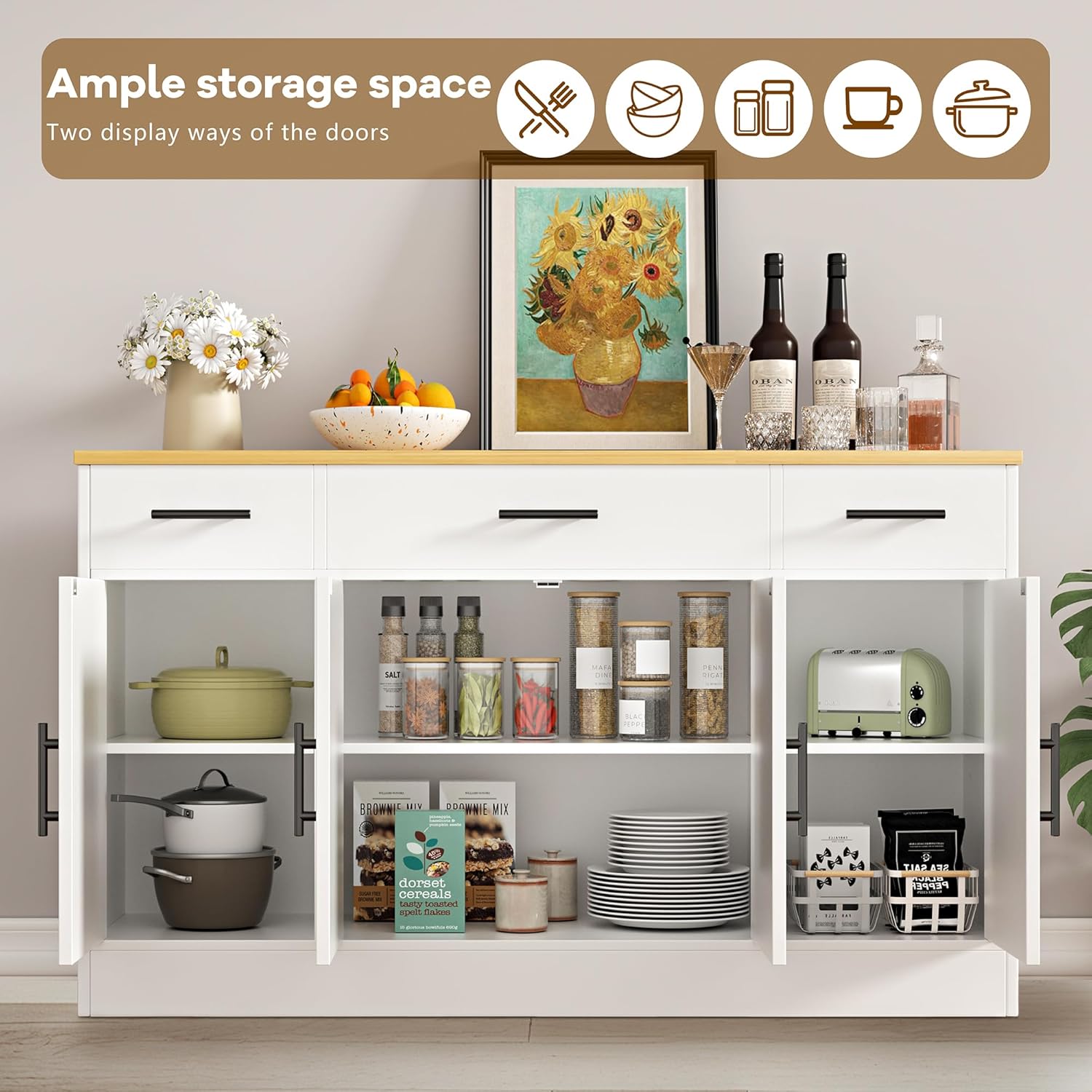 Vongrasig Armario grande de 53 pies con 4 puertas y 3 cajones, mesa de buffet de granja, gabinete de almacenamiento de cocina, mesa de buffet de madera para cocina, comedor