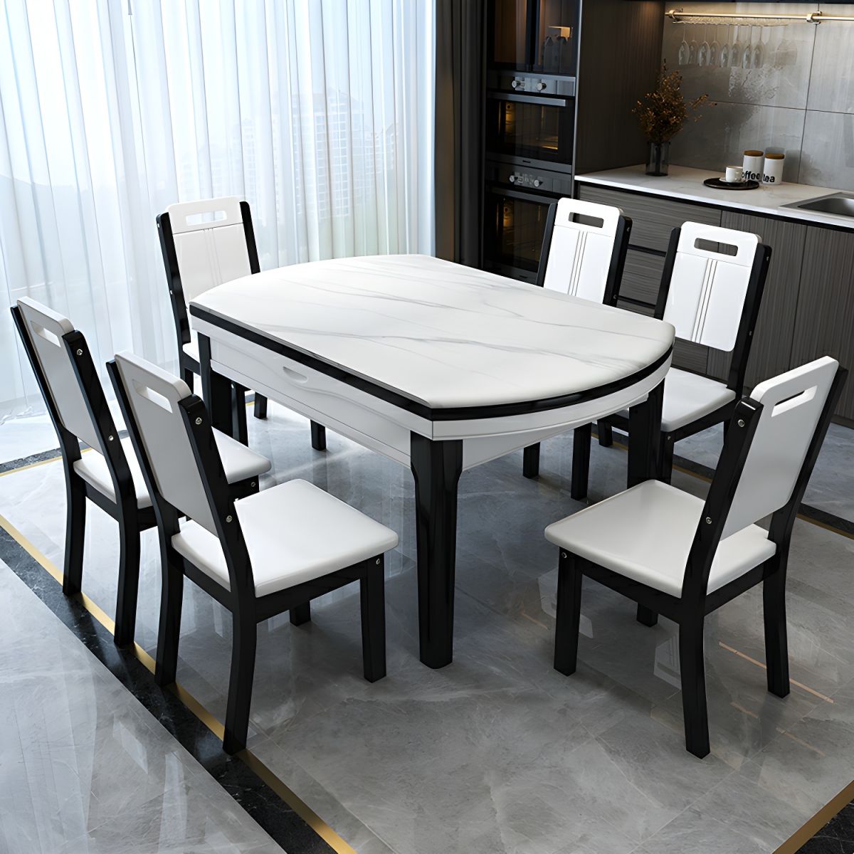 🔥【The last 8 sets】🔥(1 table and 6 chairs)👉Elegant Round White Marble Dining Table with Legs - Extendable and Scratch Resistant - Walnut 53.1_L x 33.5_W x 29.9_H