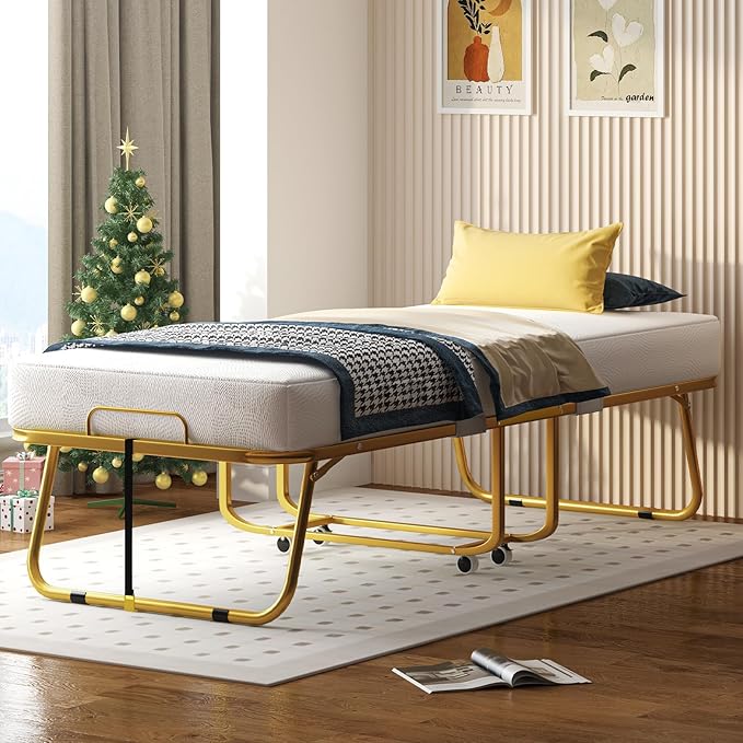 【Buy 1 Get 1 Free】Mjkone Folding Bed with Mattress for Adults, Rollaway Bed for Adults with Headborad & Dustproof Bag, 5 Inch Portable Fold Up Beds for Guests with Casters, Foldable Frame, Space Saving