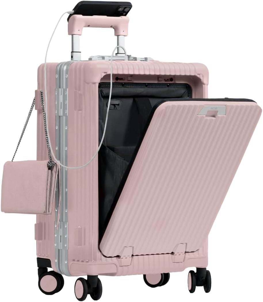 🔥【Buy 1 Get 1 Free】Nobl Travel Carry On Luggage, Noble Zipperless Aluminum Frame PC Hard Shell Suitcase, 22.5x15x9.5 Airline Approved, 360° Spinner Wheels, TSA Locks, USB Charging Port, Cup & Phone Holder - Pink