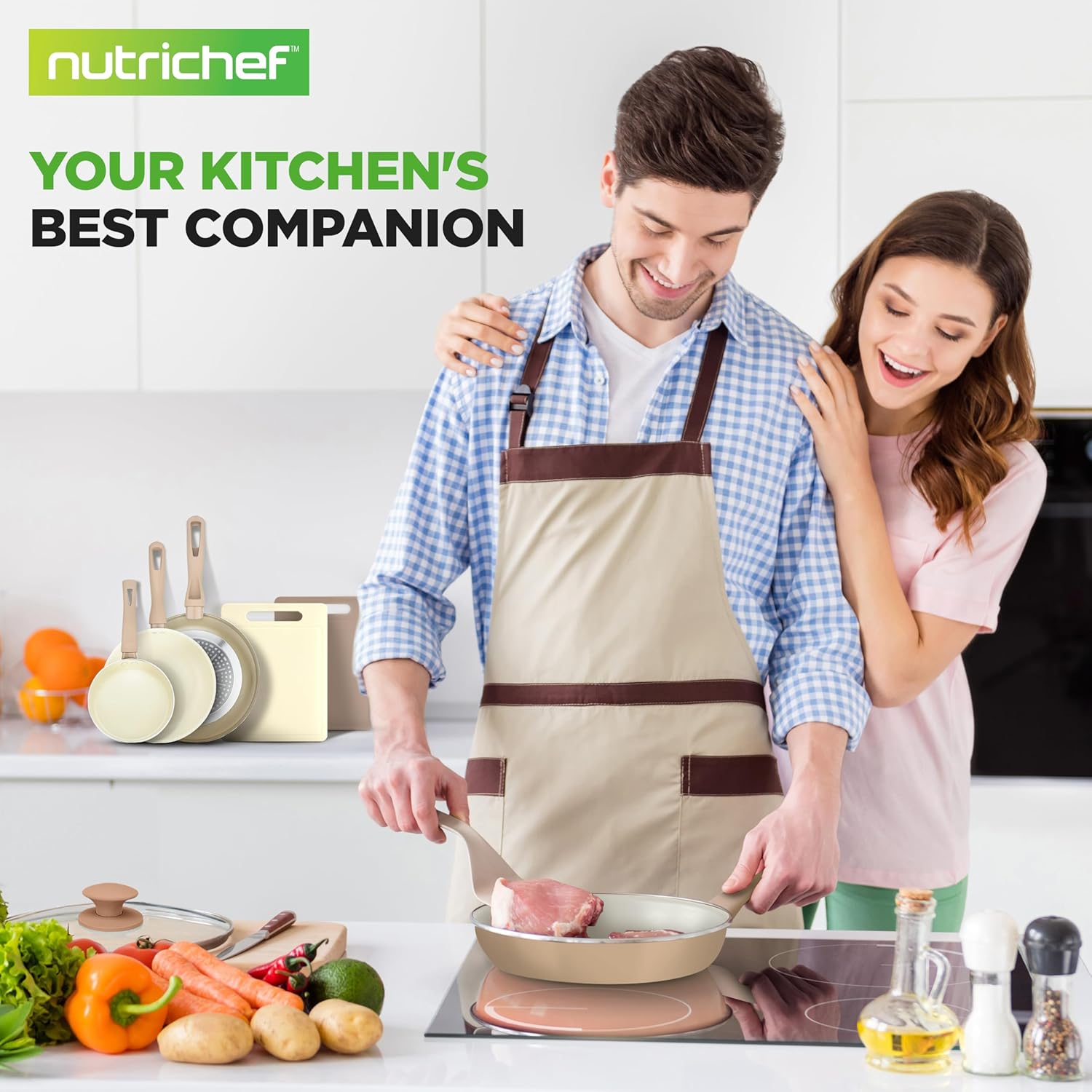 🔥🔥NutriChef 75-Piece Non-Stick Pots and Pans Set, Complete Ceramic Cookware Set with Bakeware, Utensils, Knife Set, & Accessories, Stain-Resistant, Food-Grade Safe, Cream/Brown