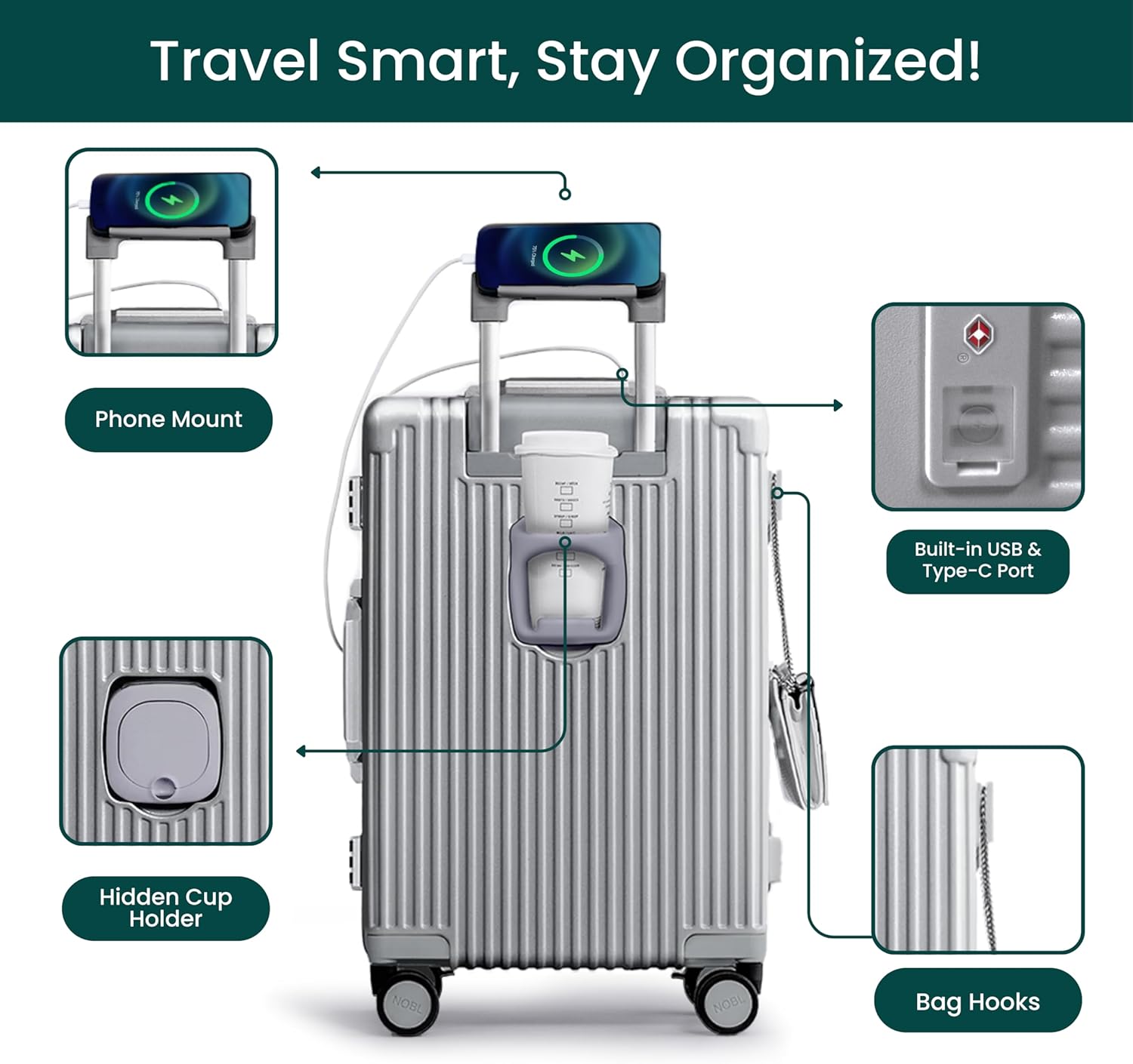 🔥【Buy 1 Get 1 Free】Nobl Travel Carry On Luggage, Noble Zipperless Aluminum Frame PC Hard Shell Suitcase, 22.5x15x9.5 Airline Approved, 360° Spinner Wheels, TSA Locks, USB Charging Port, Cup & Phone Holder - Pink