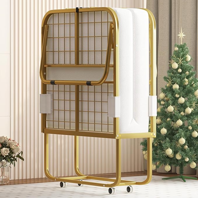 【Buy 1 Get 1 Free】Mjkone Folding Bed with Mattress for Adults, Rollaway Bed for Adults with Headborad & Dustproof Bag, 5 Inch Portable Fold Up Beds for Guests with Casters, Foldable Frame, Space Saving