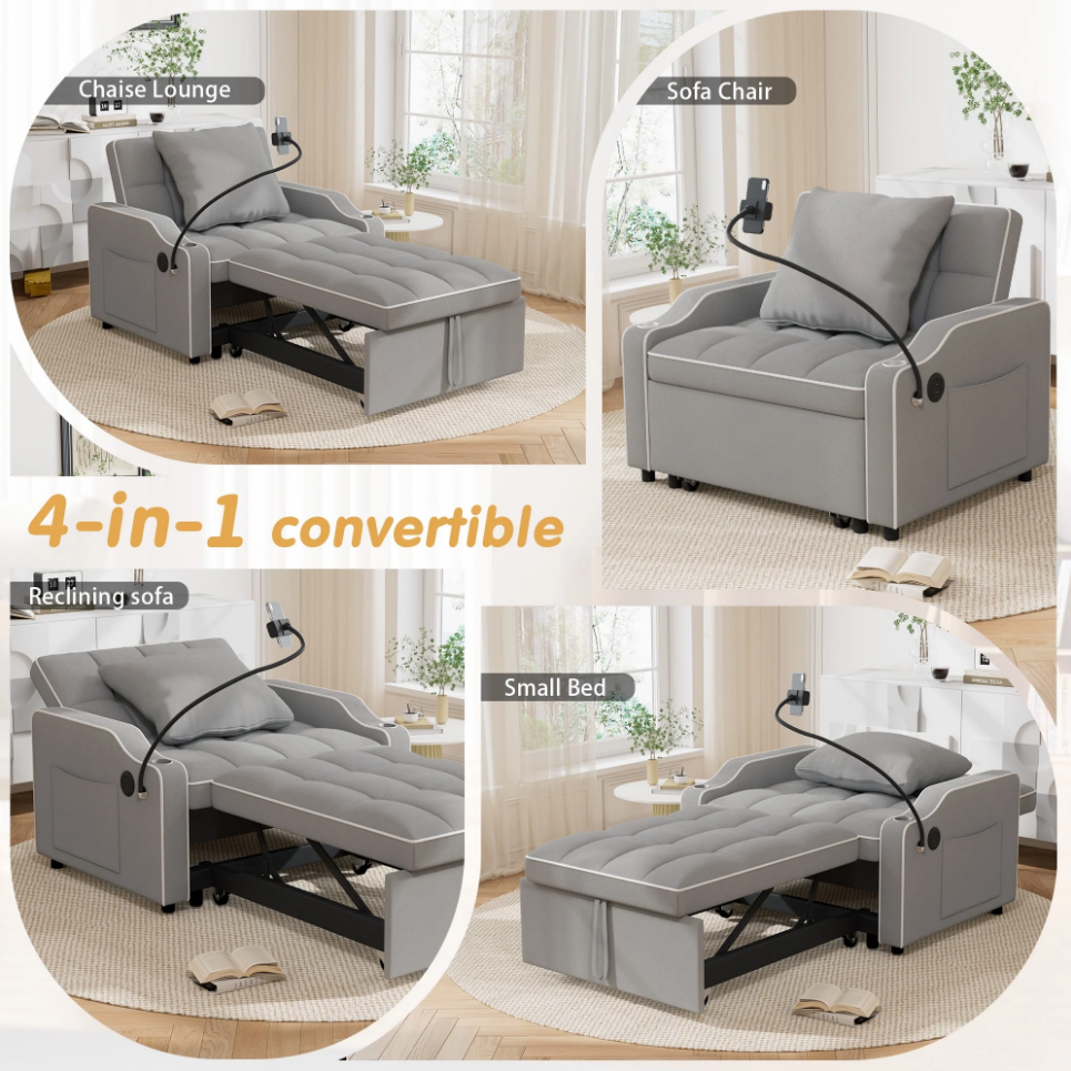 🔥Muumblus 4-in-1 Convertible Sleeper Sofa Chair Bed with USB Port, Cup Holders