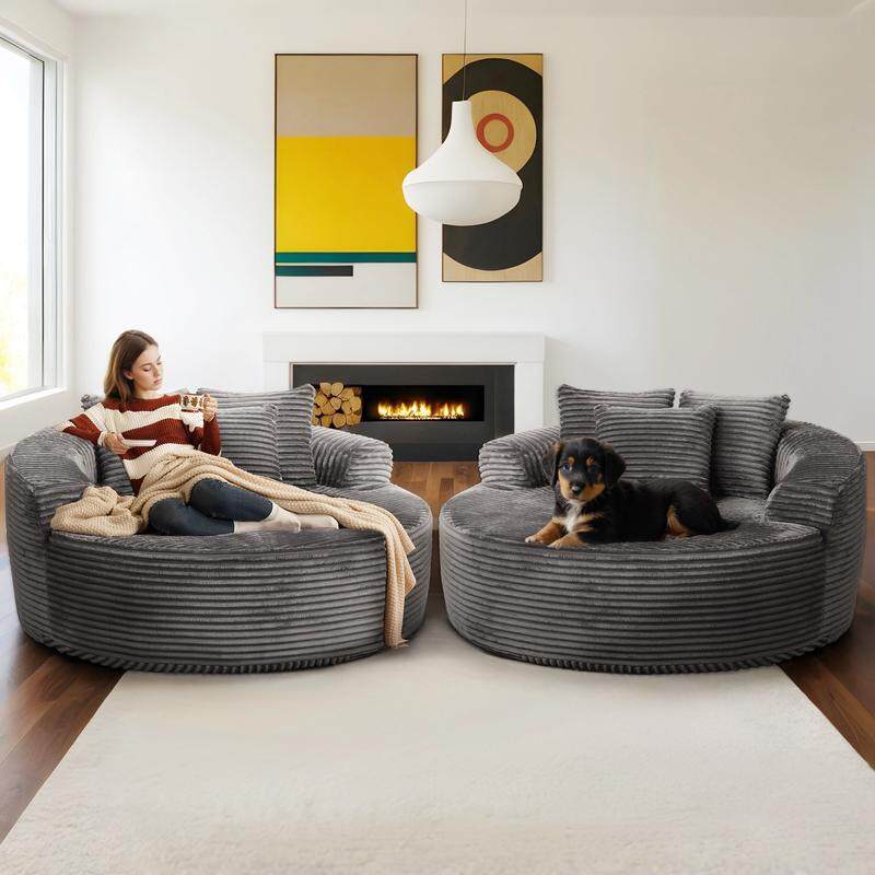 ✨【Autumn Special】 59" Wide Extra Large Round Sofa Bed - Fluffy Bean Bag, Modern Deep Seating Sofa, Comfortable Relaxation, Plush Corduroy Fabric, Includes 3 Pillows, No Assembly Required