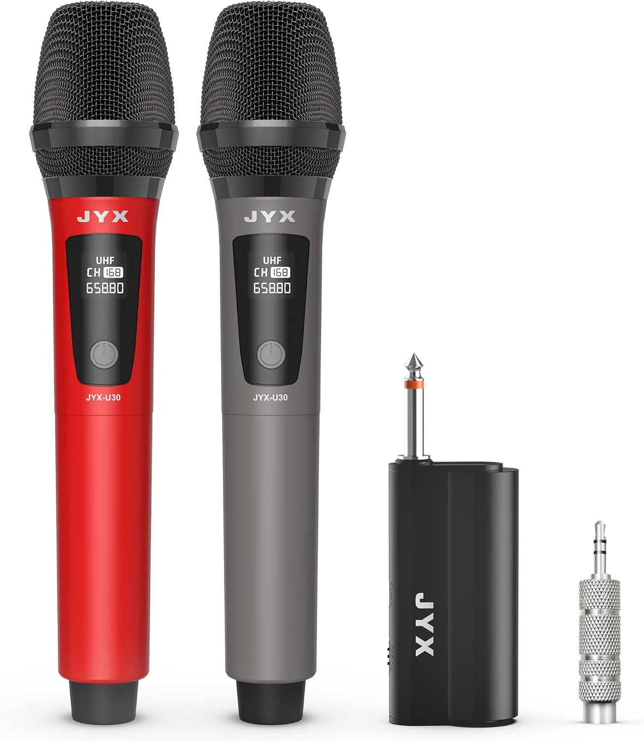 JYX Wireless Microphones, Dual UHF Handheld Dynamic Mic with Receiver, 6.35mm(1/4) Output,3.5mm (1/8) Adapter,160ft Range, Metal Rechargeable Karaoke Microphones for Party, Wedding, Class, Speech