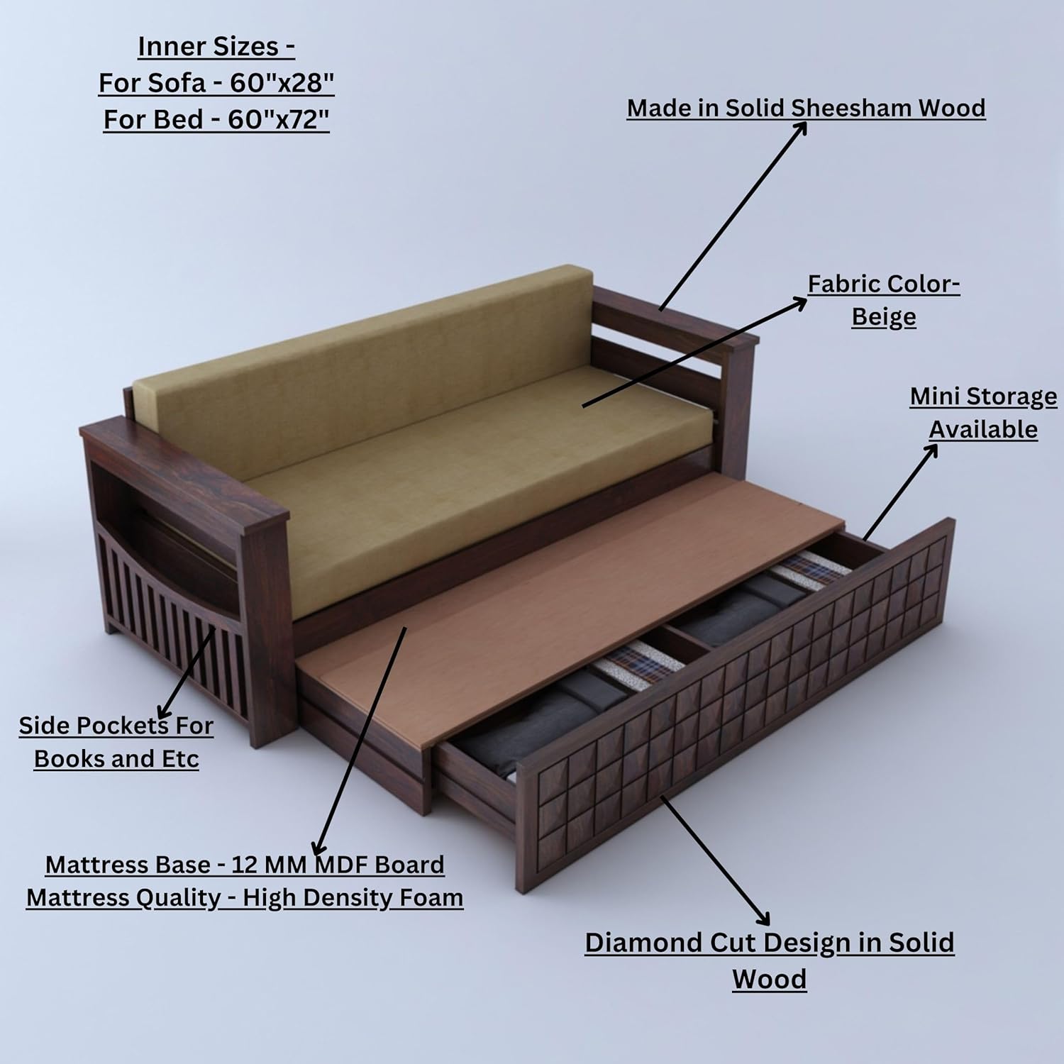 Ganpati Arts Sheesham Wood Diamond 3 Seater Sofa Cum Bed With Floral Fabric&Side Pocket For Bedroom Wooden Bedroom Furniture For Home Living Room(Natural Finish)1 Year Warranty,Brown