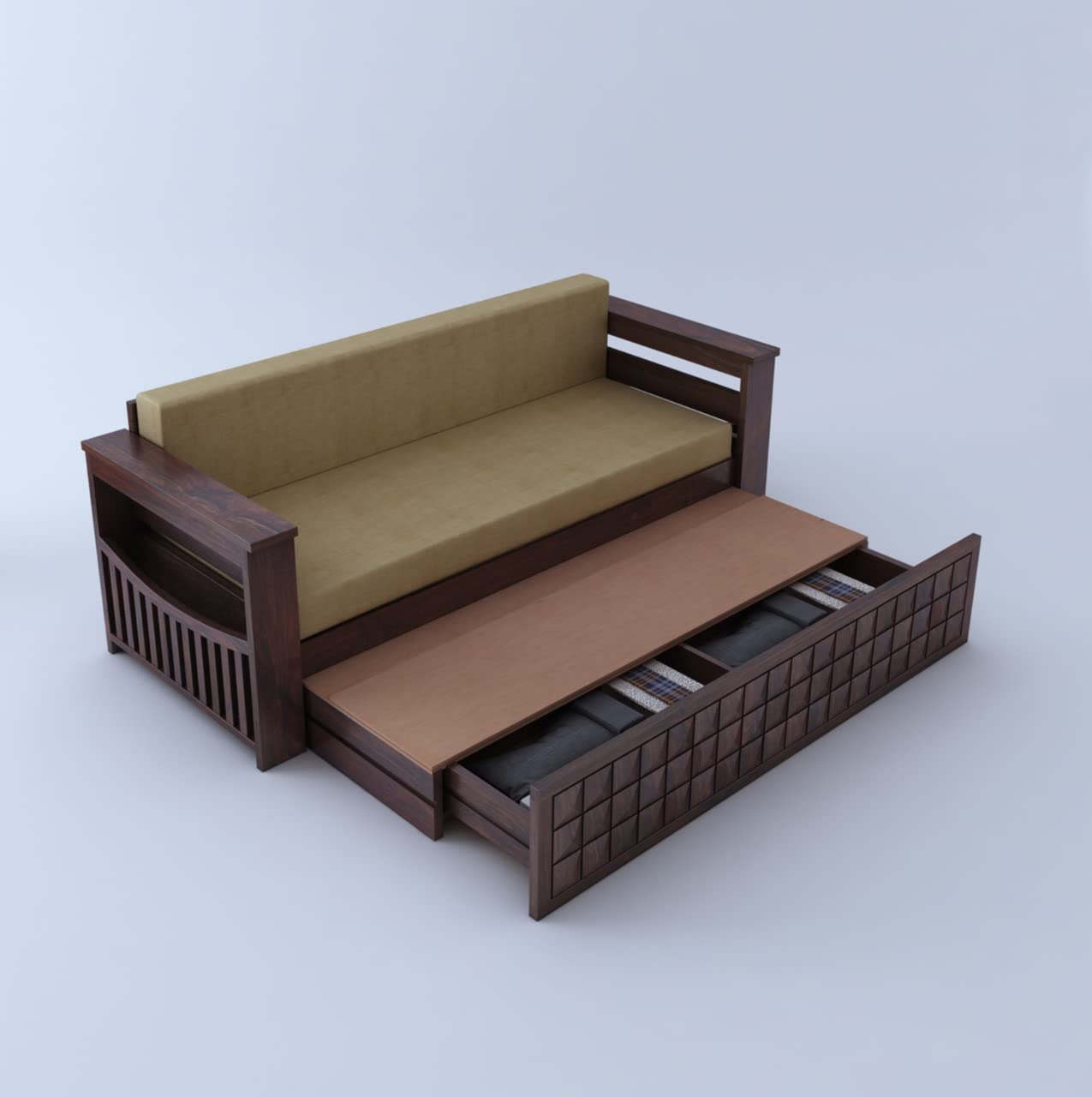 Ganpati Arts Sheesham Wood Diamond 3 Seater Sofa Cum Bed With Floral Fabric&Side Pocket For Bedroom Wooden Bedroom Furniture For Home Living Room(Natural Finish)1 Year Warranty,Brown