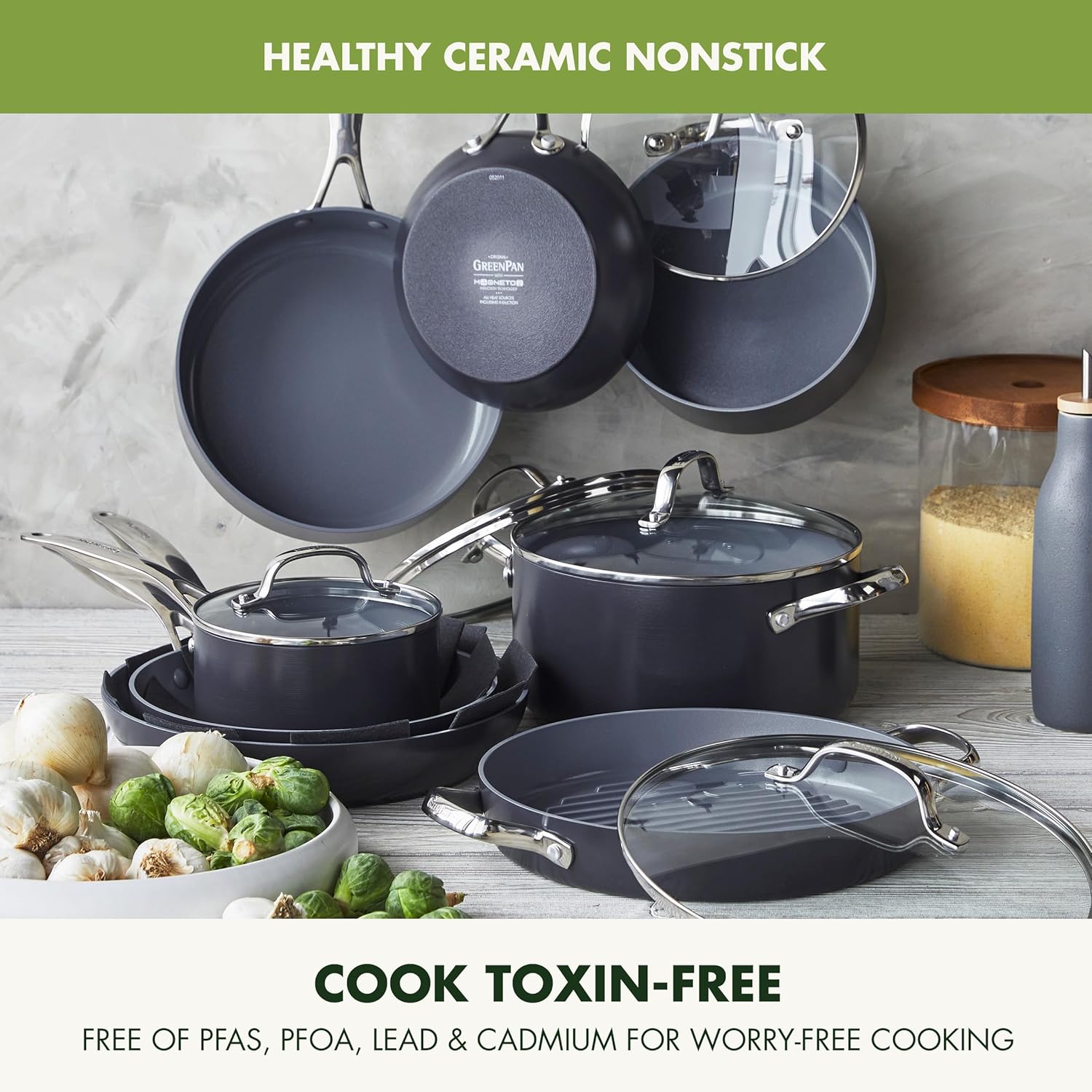 ⏰ As low as GH₵ 199🎉GreenPan 22 Piece Valencia Pro Ceramic Nonstick Cookware Set, PFAS-Free, Induction Ready, Hard Anodized Pots & Pans with Lids, Compatible on All Cooktops, Dishwasher & Oven Safe