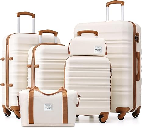（Buy 1 Get 1 Free）LONG VACATION 6 Piece Luggage Set Carry on Suitcase with ABS+PC hardshell, Spinner Wheels & YKK Zipper TSA Lock (WHITE-BROWN, 6 piece set)