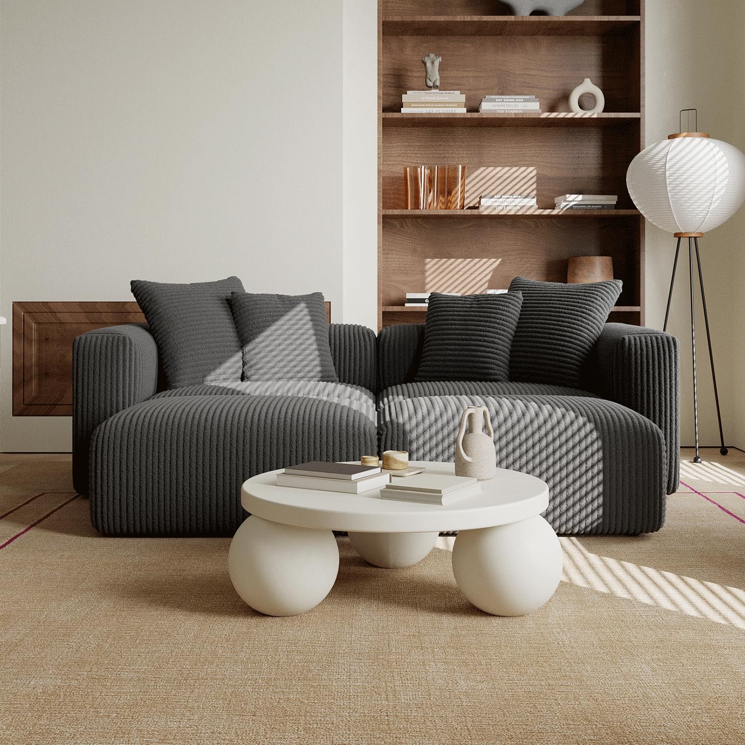 🔥 Acanva Convertible Modular Sectional Sofa with Movable Ottomans, Free Combination Corduroy Couch for Living Room Apartments, L-Shaped, White