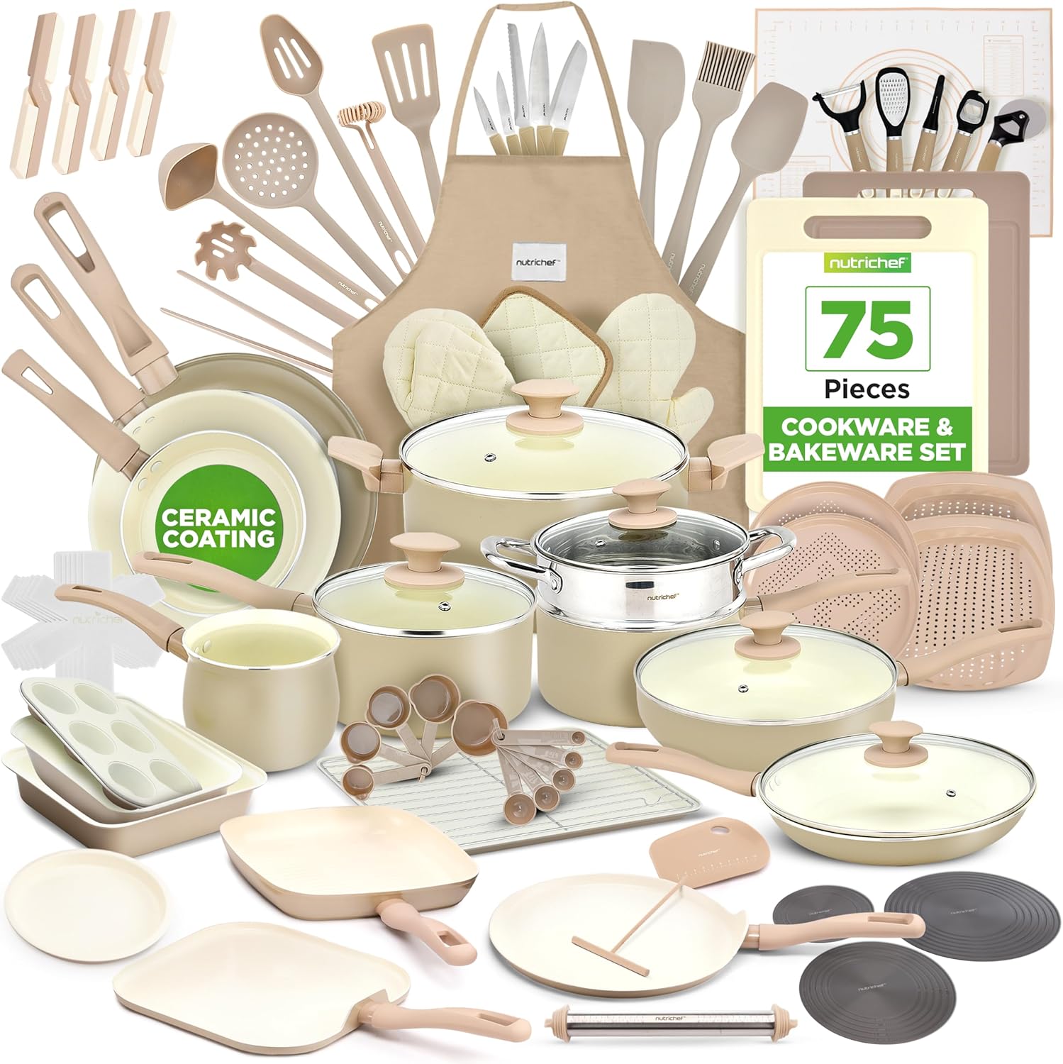 🔥🔥NutriChef 75-Piece Non-Stick Pots and Pans Set, Complete Ceramic Cookware Set with Bakeware, Utensils, Knife Set, & Accessories, Stain-Resistant, Food-Grade Safe, Cream/Brown
