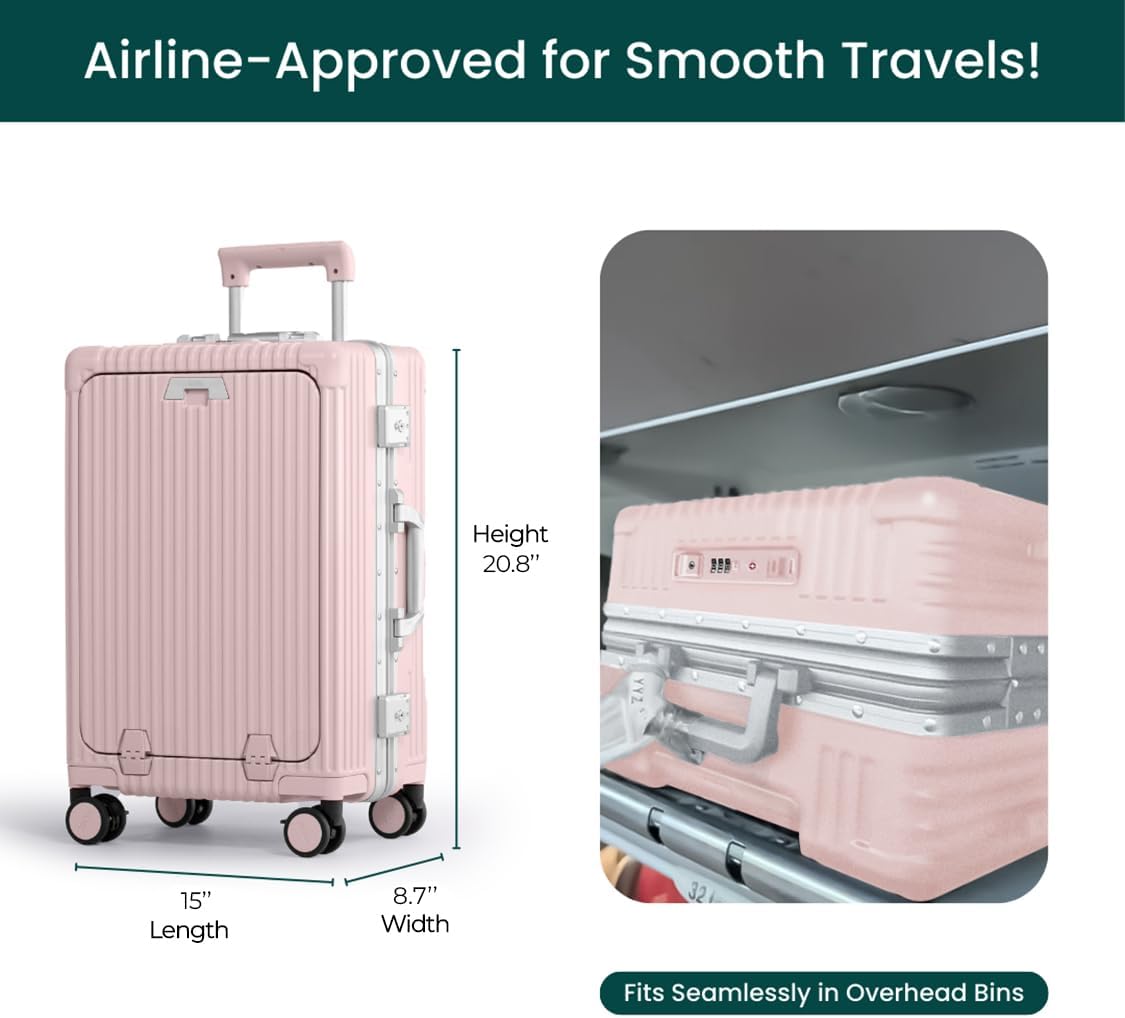 🔥【Buy 1 Get 1 Free】Nobl Travel Carry On Luggage, Noble Zipperless Aluminum Frame PC Hard Shell Suitcase, 22.5x15x9.5 Airline Approved, 360° Spinner Wheels, TSA Locks, USB Charging Port, Cup & Phone Holder - Pink