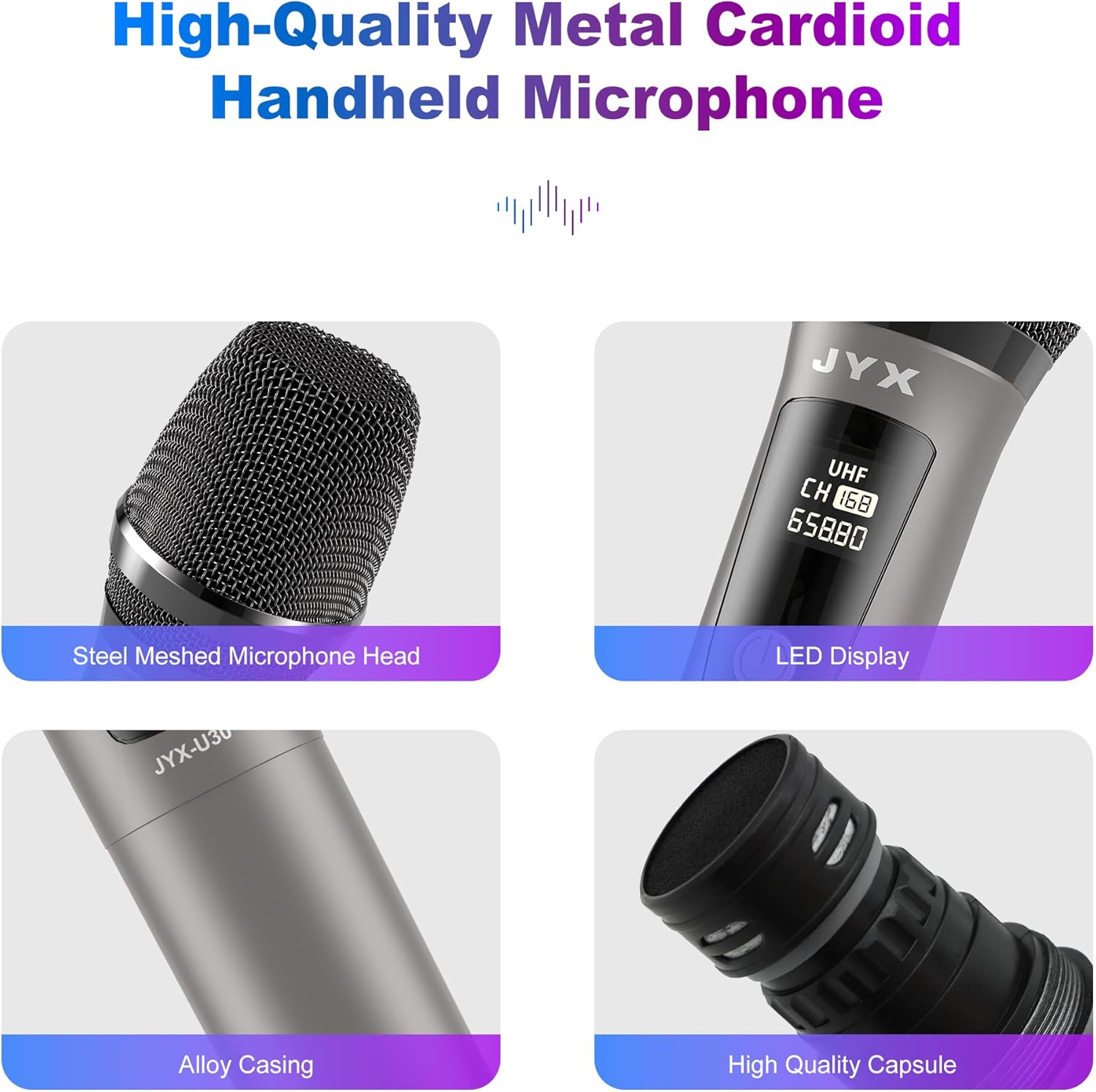 JYX Wireless Microphones, Dual UHF Handheld Dynamic Mic with Receiver, 6.35mm(1/4) Output,3.5mm (1/8) Adapter,160ft Range, Metal Rechargeable Karaoke Microphones for Party, Wedding, Class, Speech