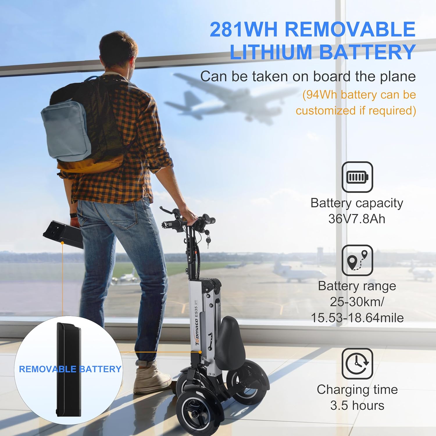 TopMate ES35 Powered Electric Scooter 3 Wheels Foldable Trike with Seat for Adults, Lightweight Electric Scooter with Removable 36V 7.8AH Battery, Reverse Function & Key Switch for Commute and Travel