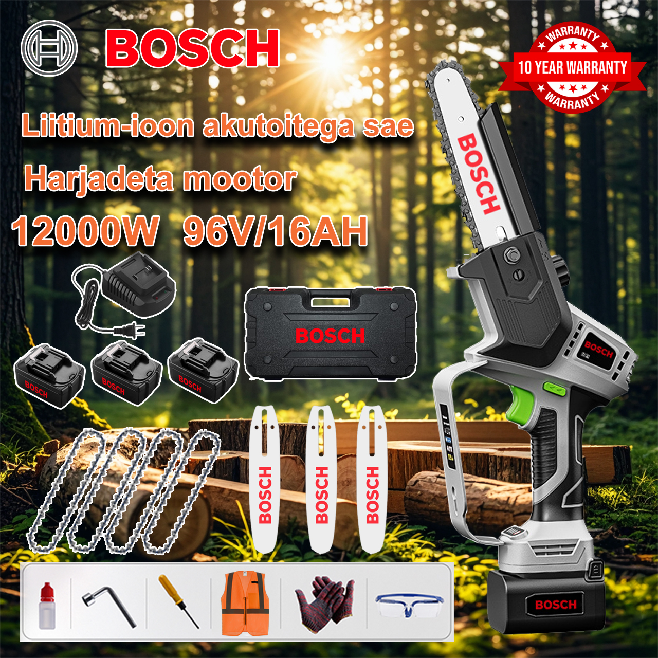 🔥Free Shipping🔥 7 Days Return Exchange🔥 Bosch 12000W 96V Lithium-Ion Battery Chainsaw Powerful Brushless Saw