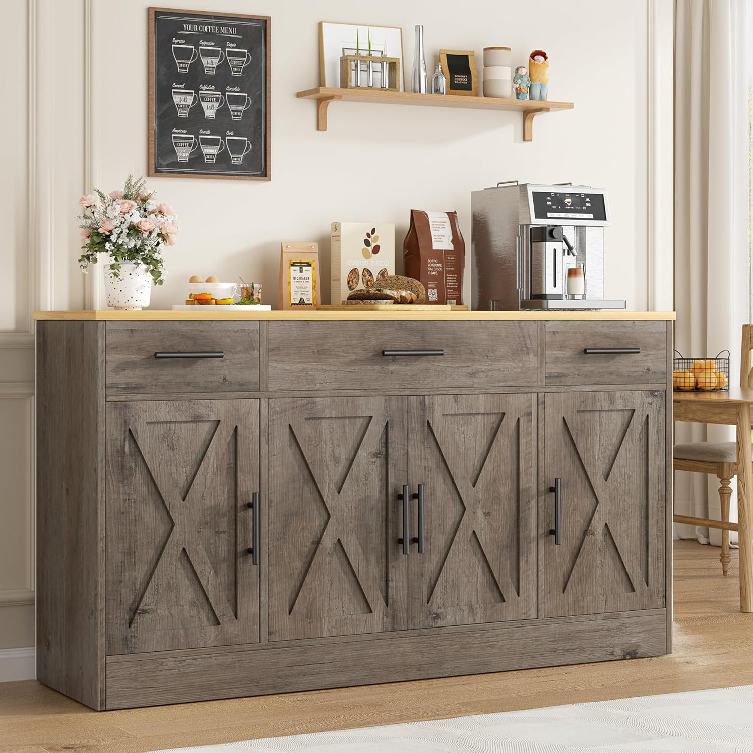 Vongrasig Armario grande de 53 pies con 4 puertas y 3 cajones, mesa de buffet de granja, gabinete de almacenamiento de cocina, mesa de buffet de madera para cocina, comedor