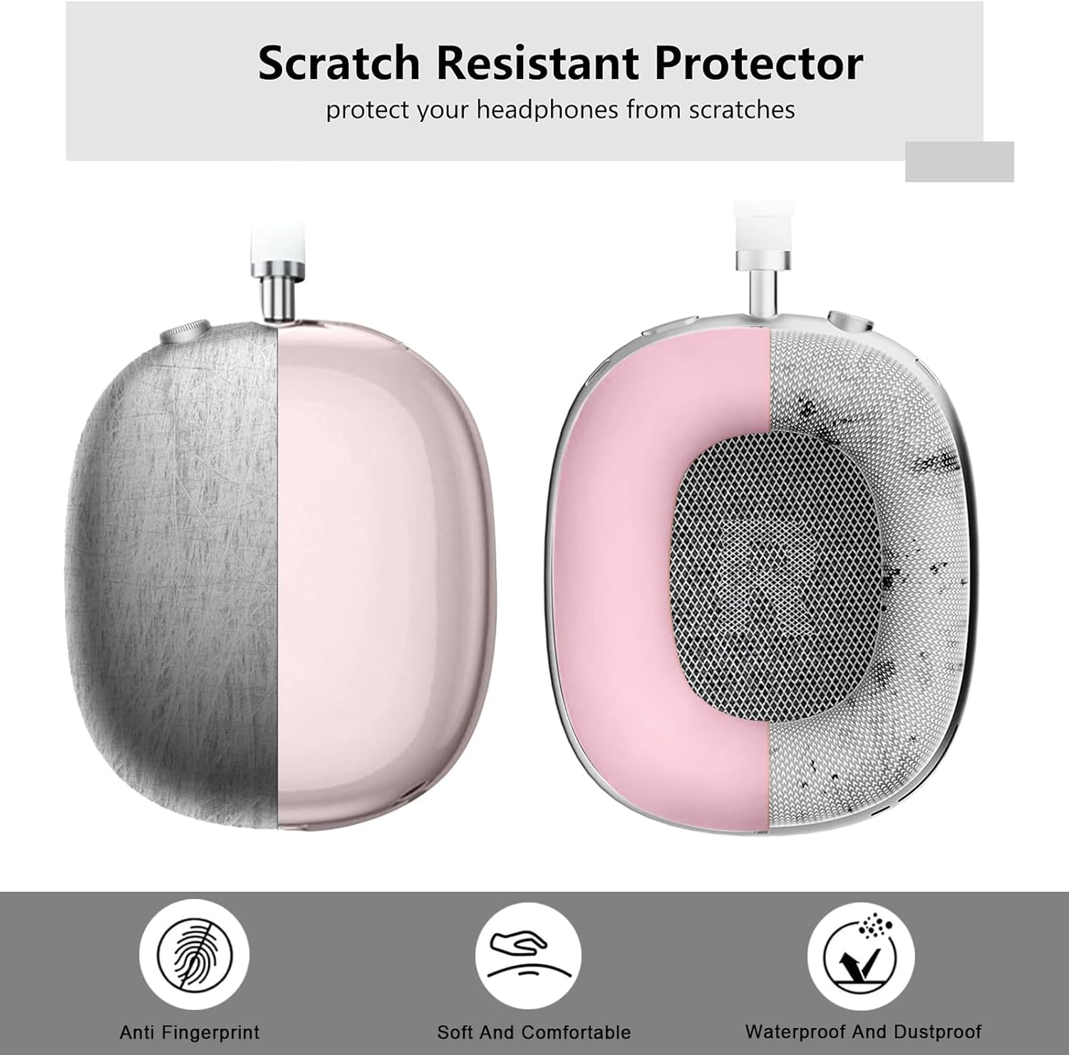 3 in 1 Silicone Case Cover Compatible with Apple Airpods Max Headphones, Clear Soft TPU Ear Cups Cover/Silicone Ear Pad Case Cover/Headband Cover Compatible with Apple Airpods Max (Clear Pink)