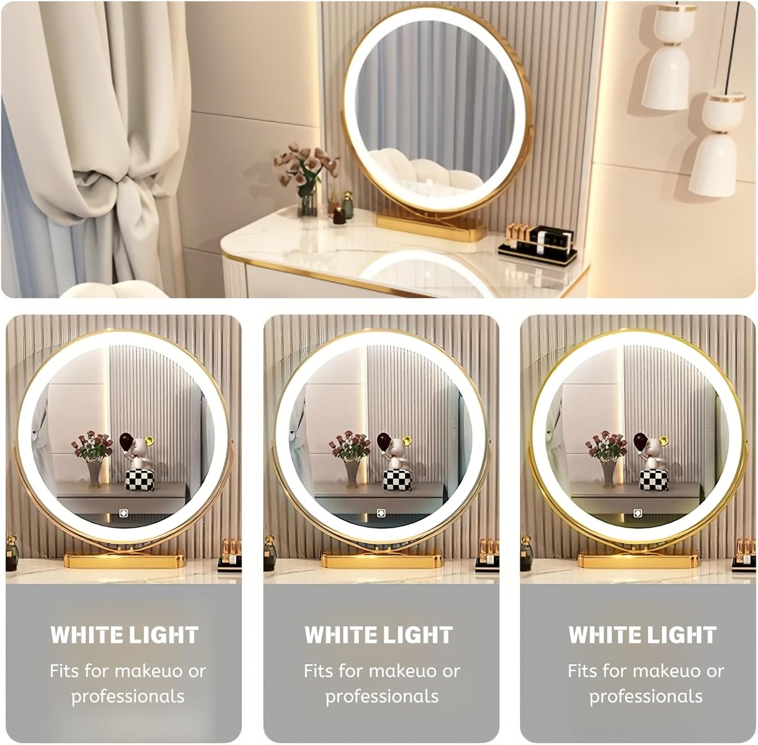 🔥🔥🔥(Buy 1 Get 1 Free)DEVLOIVI Makeup Vanity Desk, Modern Vanity Set with LED Smart Mirror and Makeup Chair, Luxury Dressing Table Include Smooth Slate Countertop and Side Cabinet with Drawers