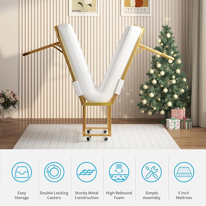 【Buy 1 Get 1 Free】Mjkone Folding Bed with Mattress for Adults, Rollaway Bed for Adults with Headborad & Dustproof Bag, 5 Inch Portable Fold Up Beds for Guests with Casters, Foldable Frame, Space Saving