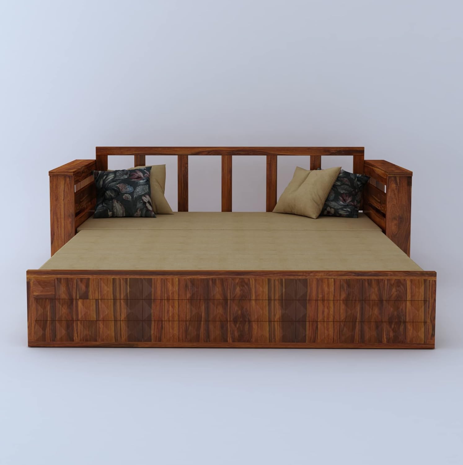 Ganpati Arts Sheesham Wood Diamond 3 Seater Sofa Cum Bed With Floral Fabric&Side Pocket For Bedroom Wooden Bedroom Furniture For Home Living Room(Natural Finish)1 Year Warranty,Brown