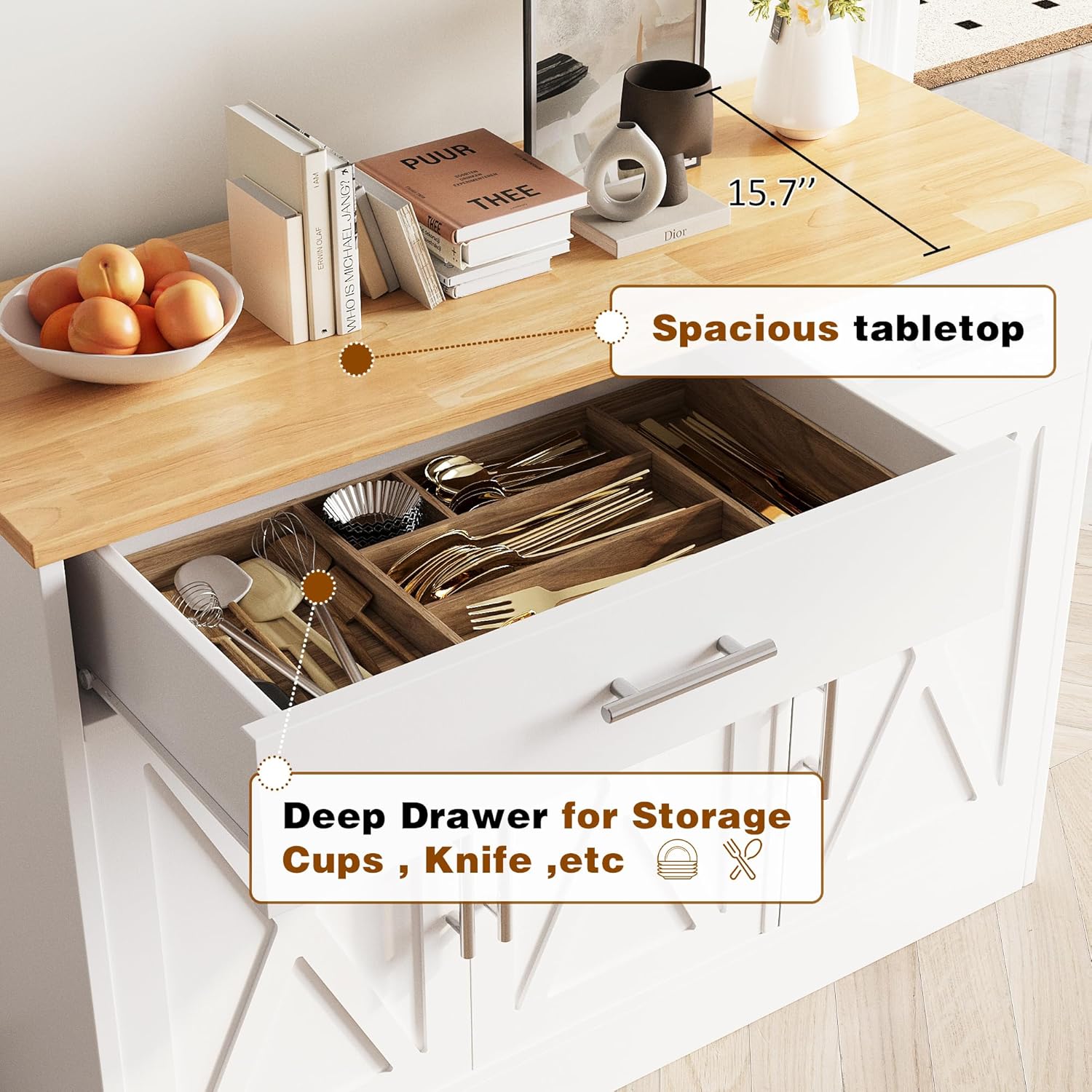 Vongrasig Armario grande de 53 pies con 4 puertas y 3 cajones, mesa de buffet de granja, gabinete de almacenamiento de cocina, mesa de buffet de madera para cocina, comedor