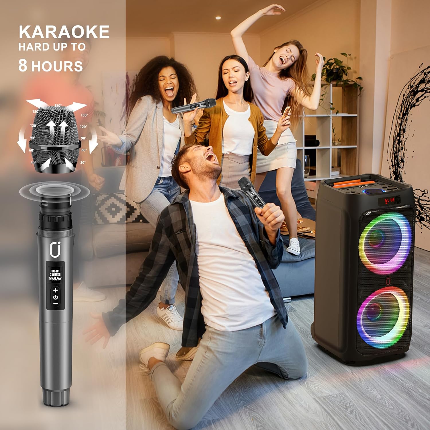 🔥JYX Karaoke Machine with 2 Wireless Microphones, 8 Big Portable Bluetooth Speaker for Adults with RGB Light PA System Treble & Bass, Support TWS/USB/AUX/TF Card/REC, for Home Party Outdoors