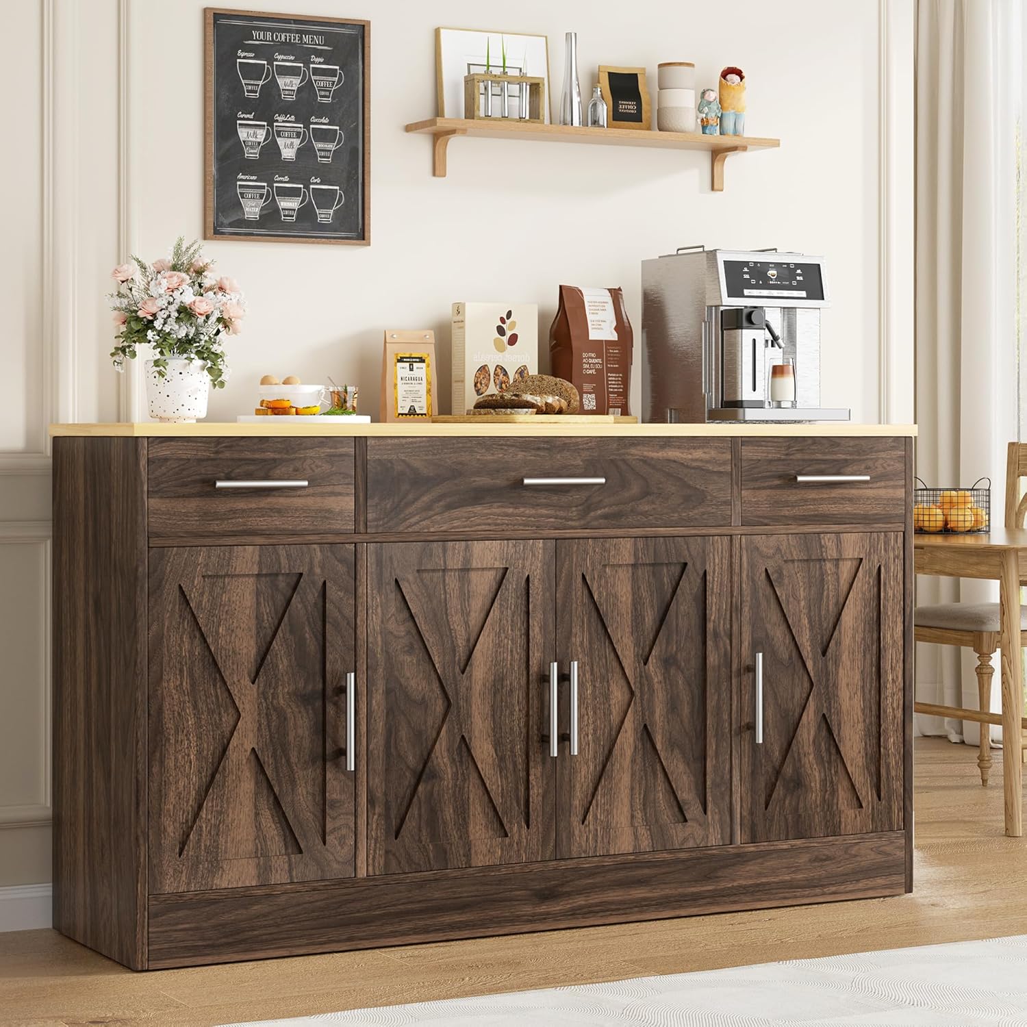 Vongrasig Armario grande de 53 pies con 4 puertas y 3 cajones, mesa de buffet de granja, gabinete de almacenamiento de cocina, mesa de buffet de madera para cocina, comedor