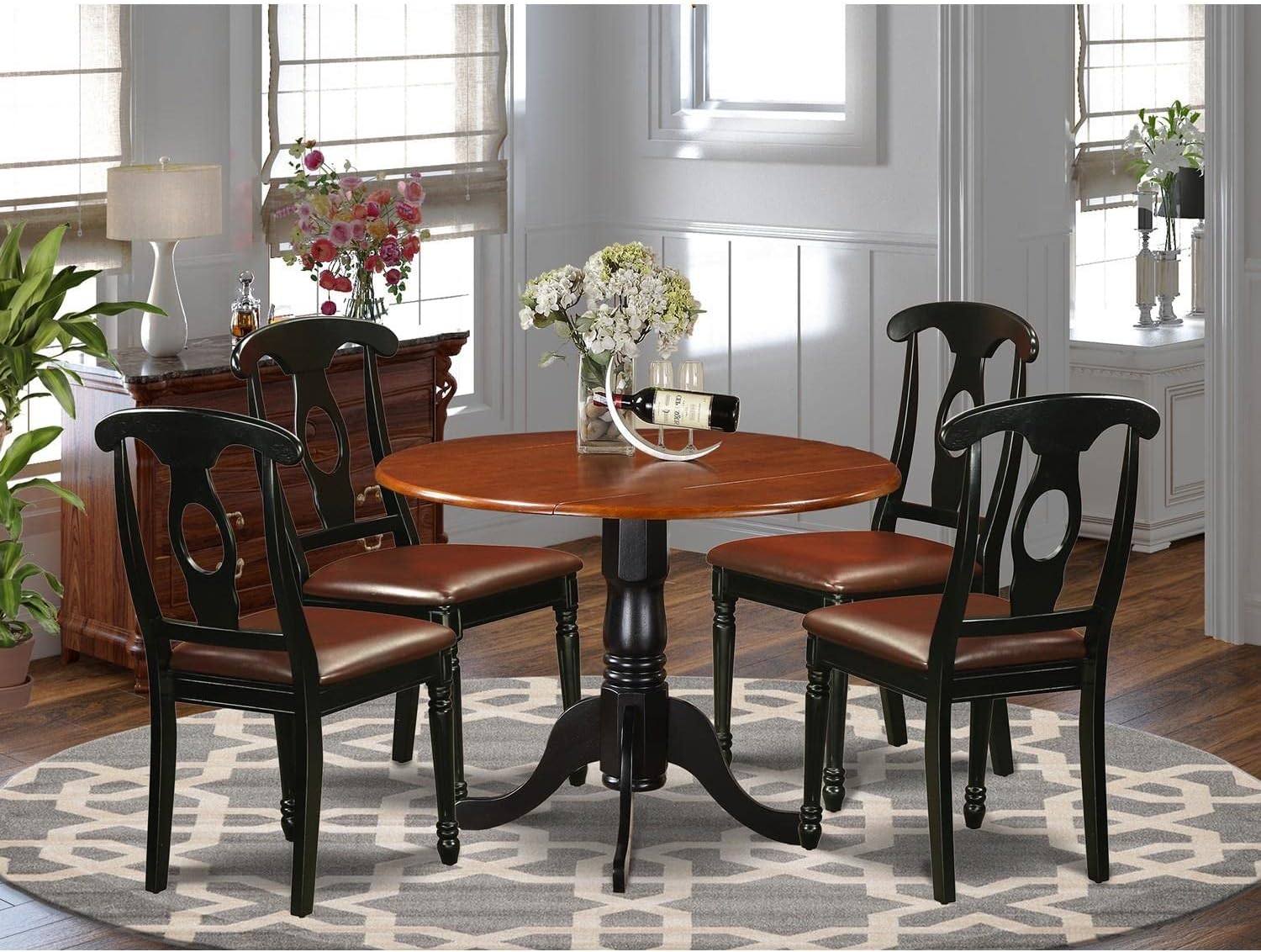 🔥 East West Furniture DLKE5-BCH-W 5 Piece Dining Room Furniture Set Includes a Round Dining Table with Dropleaf and 4 Wood Seat Chairs, 42x42 Inch, Black & Cherry