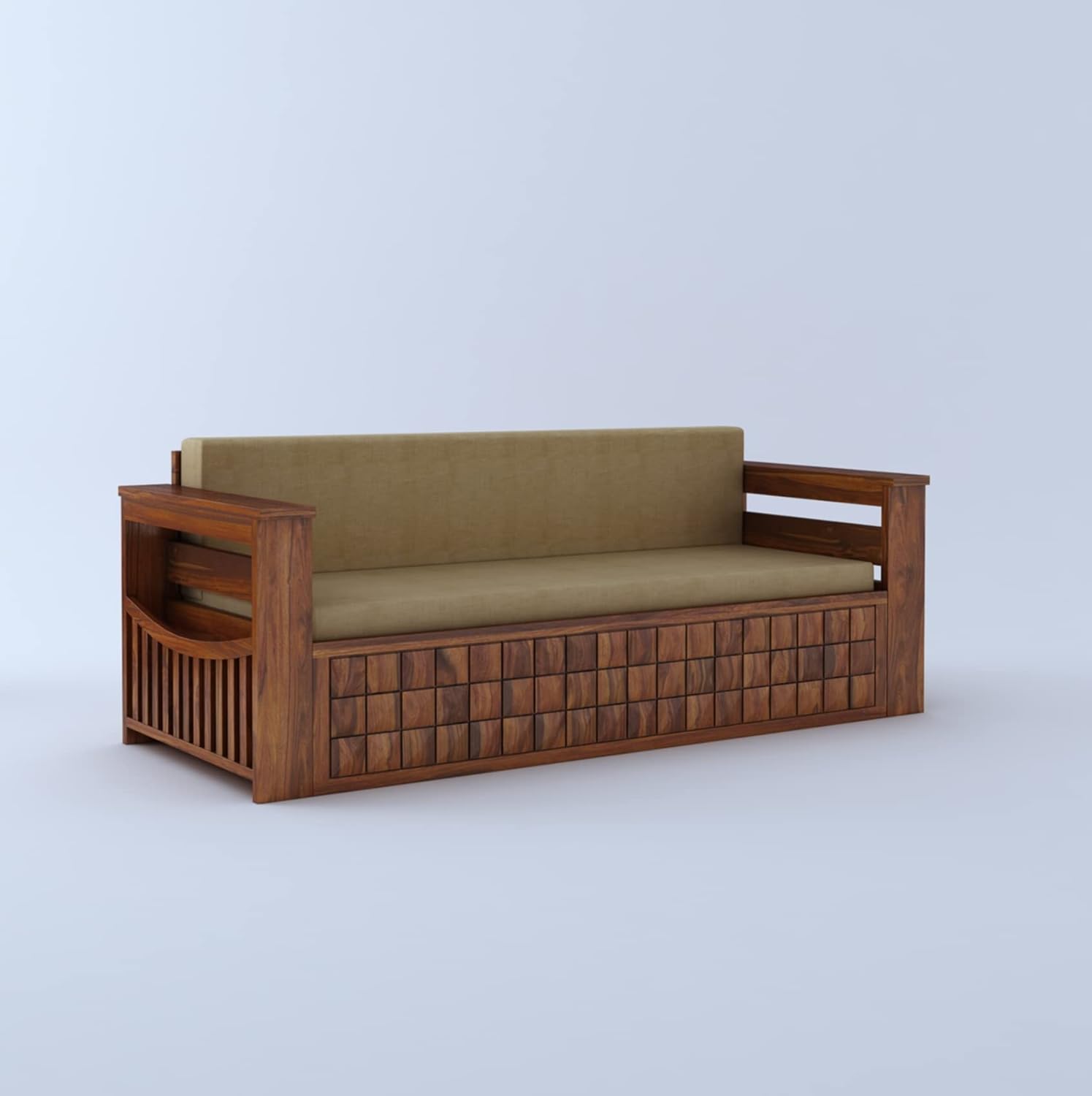 Ganpati Arts Sheesham Wood Diamond 3 Seater Sofa Cum Bed With Floral Fabric&Side Pocket For Bedroom Wooden Bedroom Furniture For Home Living Room(Natural Finish)1 Year Warranty,Brown